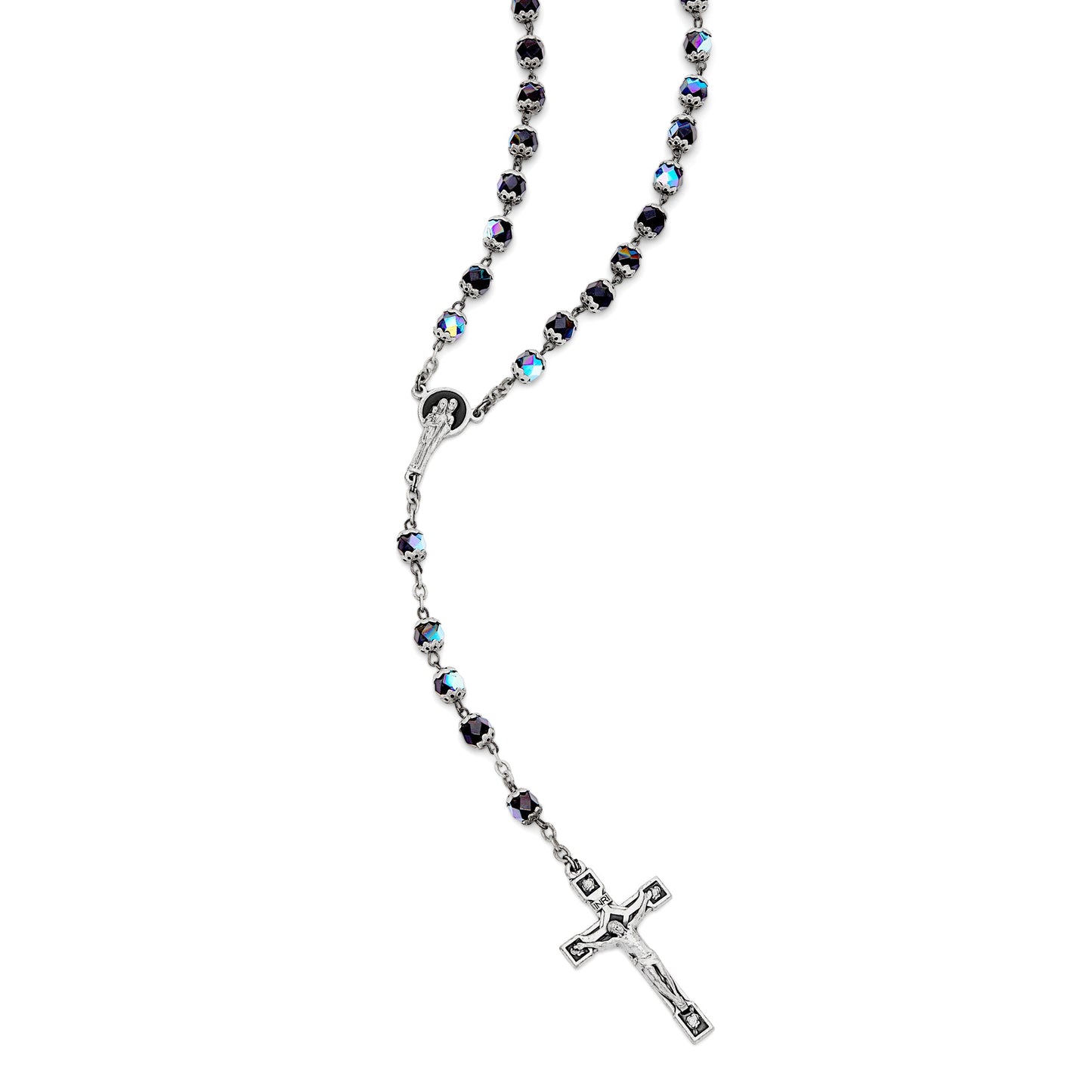 MONDO CATTOLICO Prayer Beads Holy Family Rosary in Black Faceted Crystal Beads