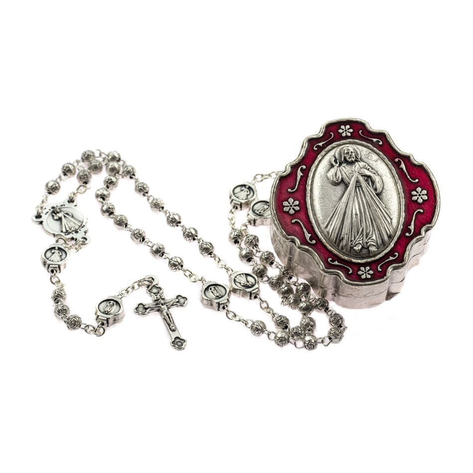 MONDO CATTOLICO Prayer Beads 39 cm (15.35 in) / 4 mm (0.15 in) Jesus of Divine Mercy Rosary with Enamel Pewter Box