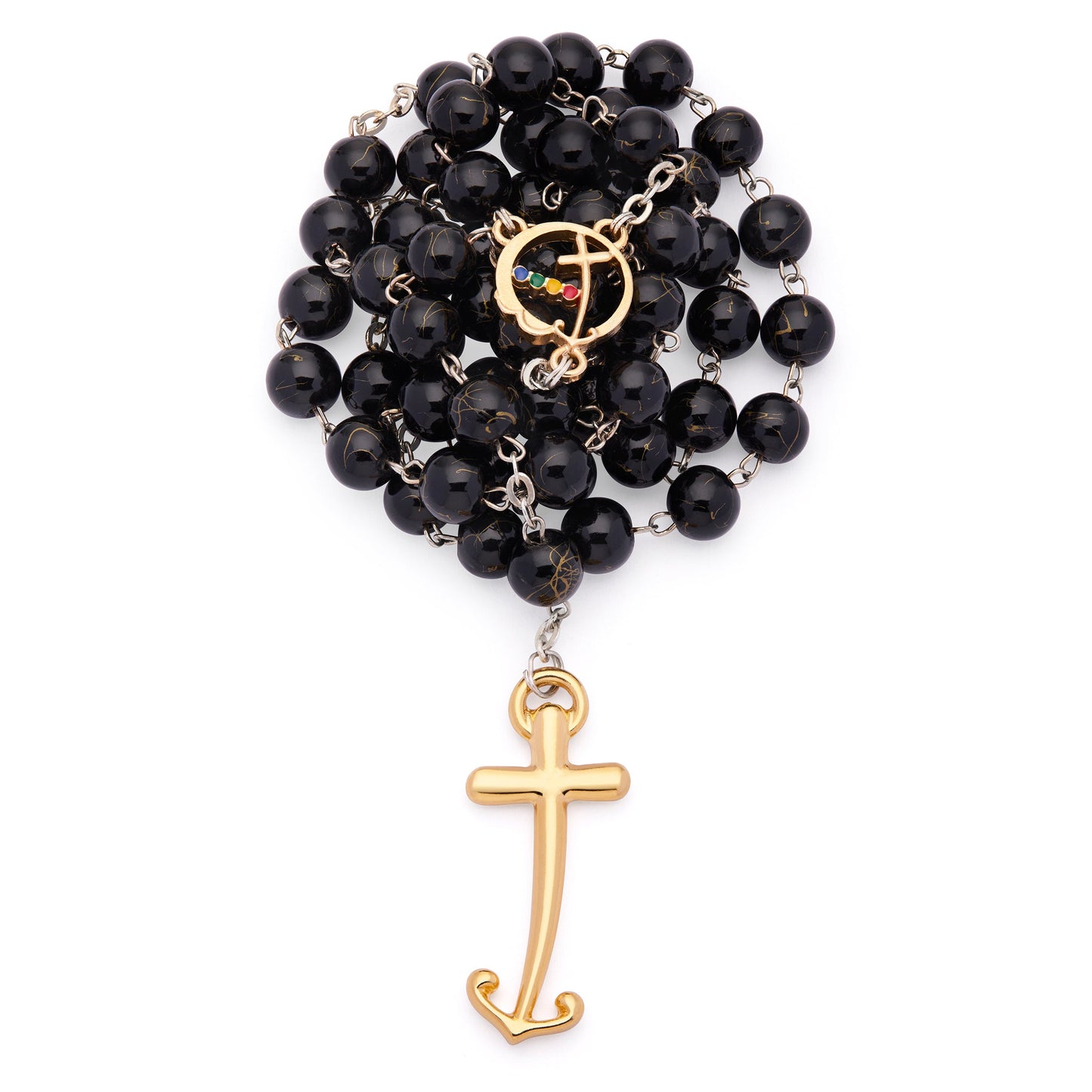 MONDO CATTOLICO ROMA Rosary 52 cm (20.47 in) / 72 cm (28.35 in) / 8 mm (0.31 in) Jubilee 2025 Gold-Tone Rosary with Black Glass Beads with Gold Veins and Anchor-Shaped Cross