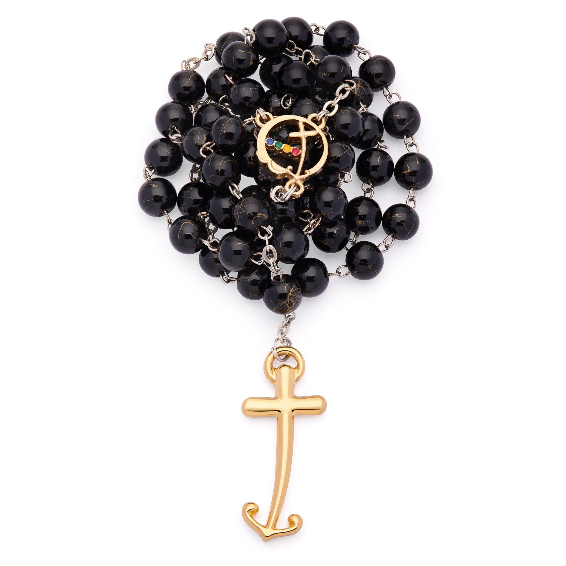 MONDO CATTOLICO ROMA Rosary 52 cm (20.47 in) / 72 cm (28.35 in) / 8 mm (0.31 in) Jubilee 2025 Gold-Tone Rosary with Black Glass Beads with Gold Veins and Anchor-Shaped Cross