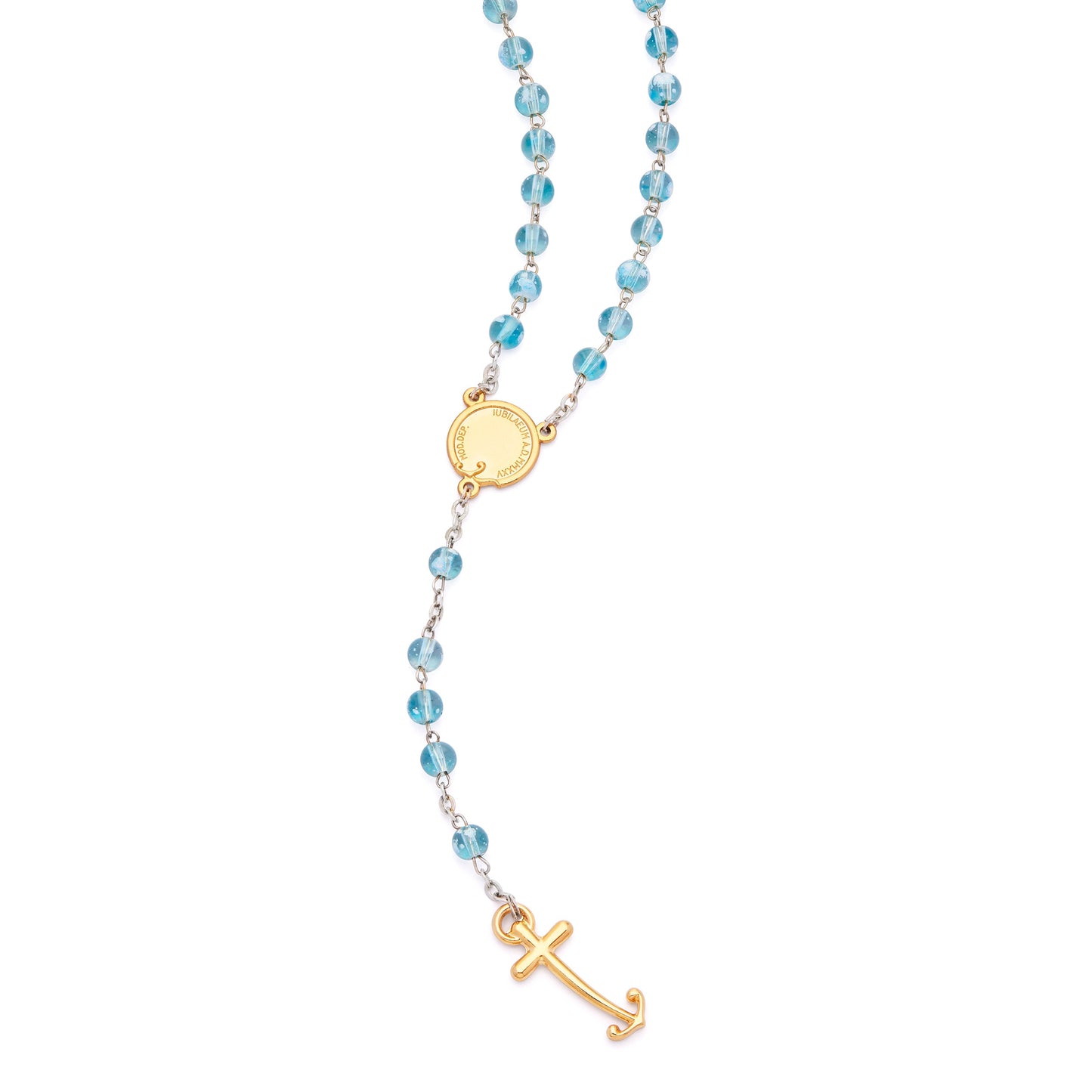 MONDO CATTOLICO ROMA Rosary 47 cm (18.50 in) / 66 cm (25.98 in) / 6 mm (0.24 in) Jubilee 2025 Gold-Tone Rosary with Clear Light Blue Beads and Anchor-Shaped Cross