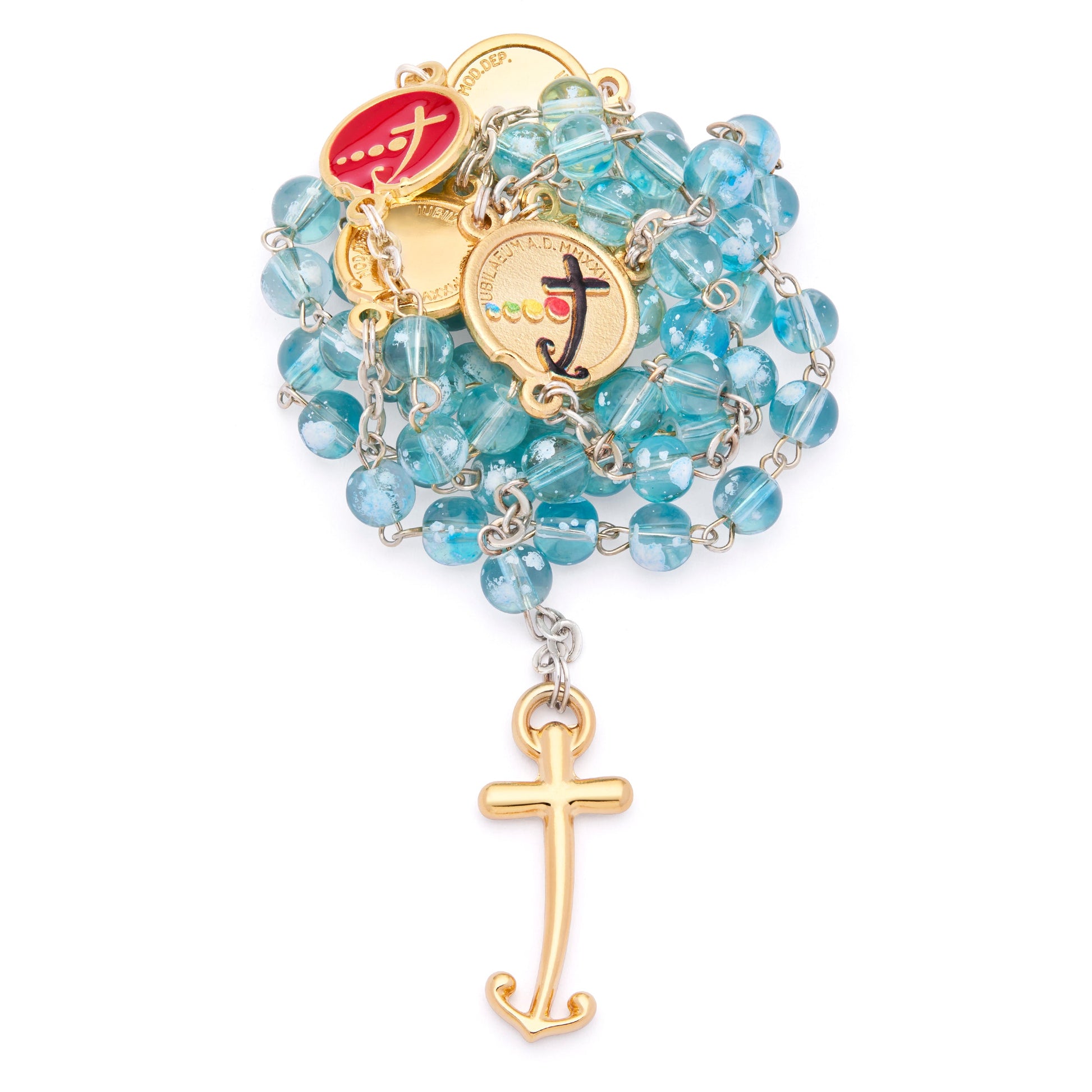 MONDO CATTOLICO ROMA Rosary 47 cm (18.50 in) / 66 cm (25.98 in) / 6 mm (0.24 in) Jubilee 2025 Gold-Tone Rosary with Clear Light Blue Beads and Anchor-Shaped Cross