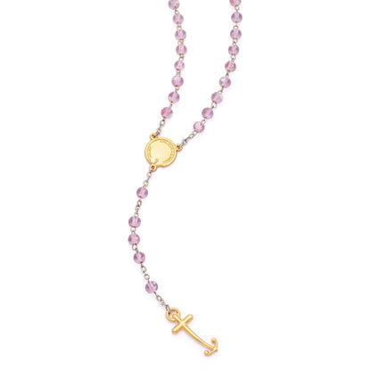 MONDO CATTOLICO ROMA Rosary 47 cm (18.50 in) / 66 cm (25.98 in) / 6 mm (0.24 in) Jubilee 2025 Gold-Tone Rosary with Clear Pink Beads and Anchor-Shaped Cross