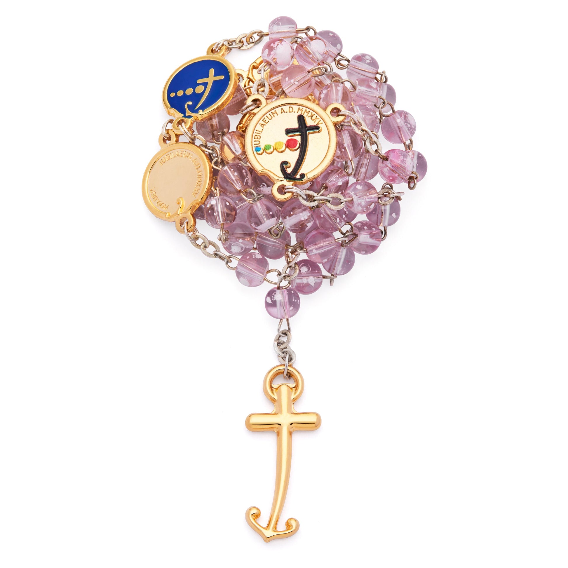 MONDO CATTOLICO ROMA Rosary 47 cm (18.50 in) / 66 cm (25.98 in) / 6 mm (0.24 in) Jubilee 2025 Gold-Tone Rosary with Clear Pink Beads and Anchor-Shaped Cross
