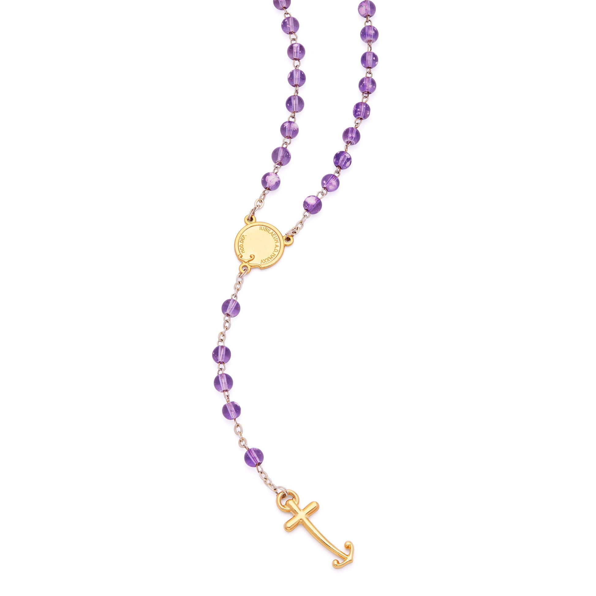 MONDO CATTOLICO ROMA Rosary 47 cm (18.50 in) / 66 cm (25.98 in) / 6 mm (0.24 in) Jubilee 2025 Gold-Tone Rosary with Clear Purple Beads and Anchor-Shaped Cross