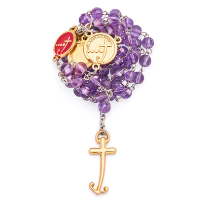 MONDO CATTOLICO ROMA Rosary 47 cm (18.50 in) / 66 cm (25.98 in) / 6 mm (0.24 in) Jubilee 2025 Gold-Tone Rosary with Clear Purple Beads and Anchor-Shaped Cross