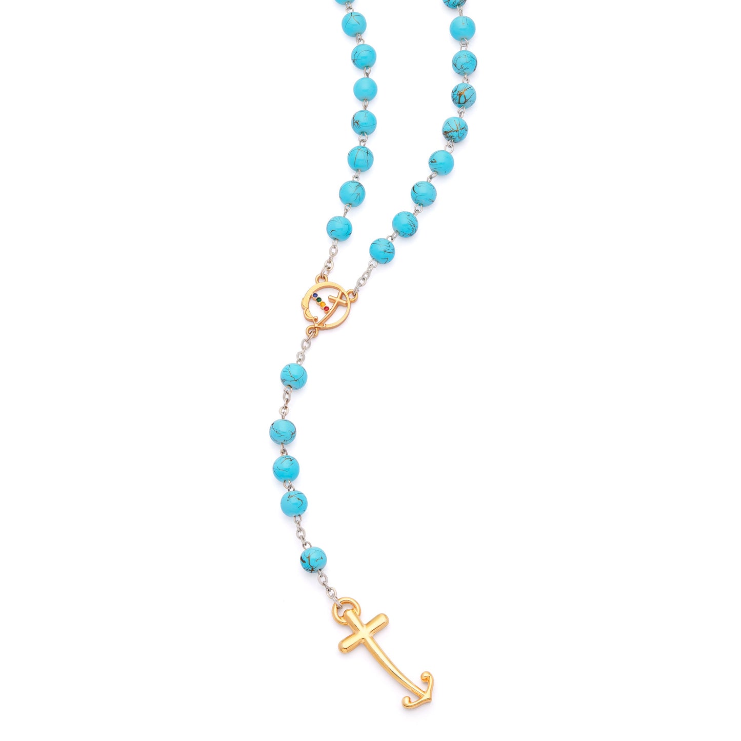 MONDO CATTOLICO ROMA Rosary 52 cm (20.47 in) / 72 cm (28.35 in) / 8 mm (0.31 in) Jubilee 2025 Gold-Tone Rosary with Light Blue Glass Beads with Gold Veins and Anchor-Shaped Cross