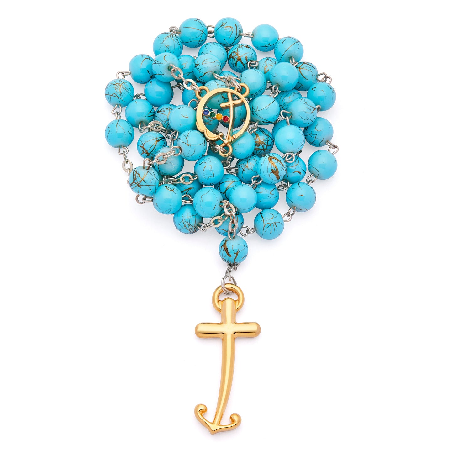MONDO CATTOLICO ROMA Rosary 52 cm (20.47 in) / 72 cm (28.35 in) / 8 mm (0.31 in) Jubilee 2025 Gold-Tone Rosary with Light Blue Glass Beads with Gold Veins and Anchor-Shaped Cross