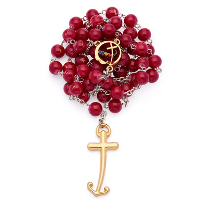MONDO CATTOLICO ROMA Rosary 52 cm (20.47 in) / 72 cm (28.35 in) / 8 mm (0.31 in) Jubilee 2025 Gold-Tone Rosary with Red Glass Beads with Gold Veins and Anchor-Shaped Cross