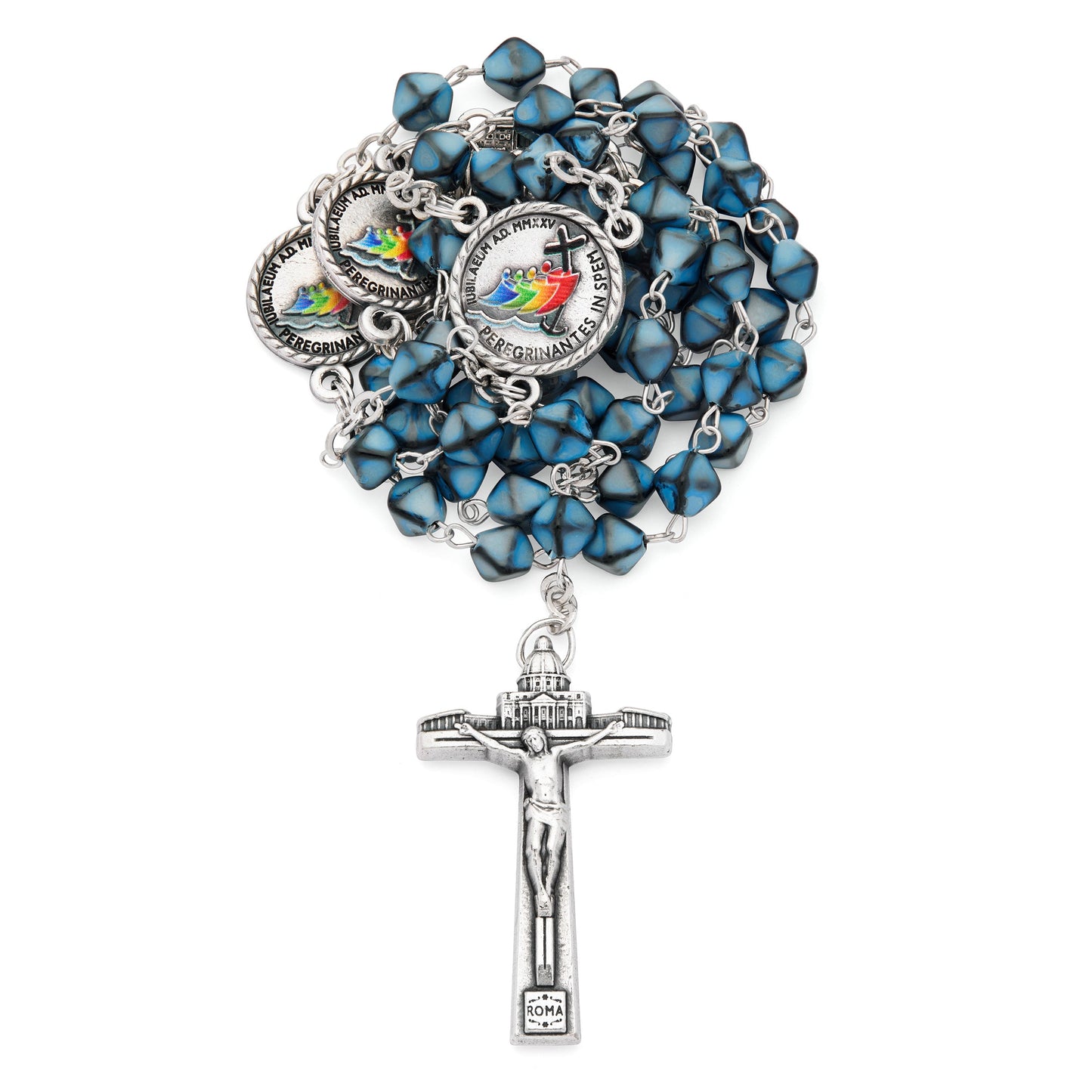 MONDO CATTOLICO ROMA Rosary 46 cm (18.11 in) / 65 cm (25.59 in) / 6 mm (0.24 in) Jubilee 2025 Metal Rosary with Light Blue Hexagonal Beads