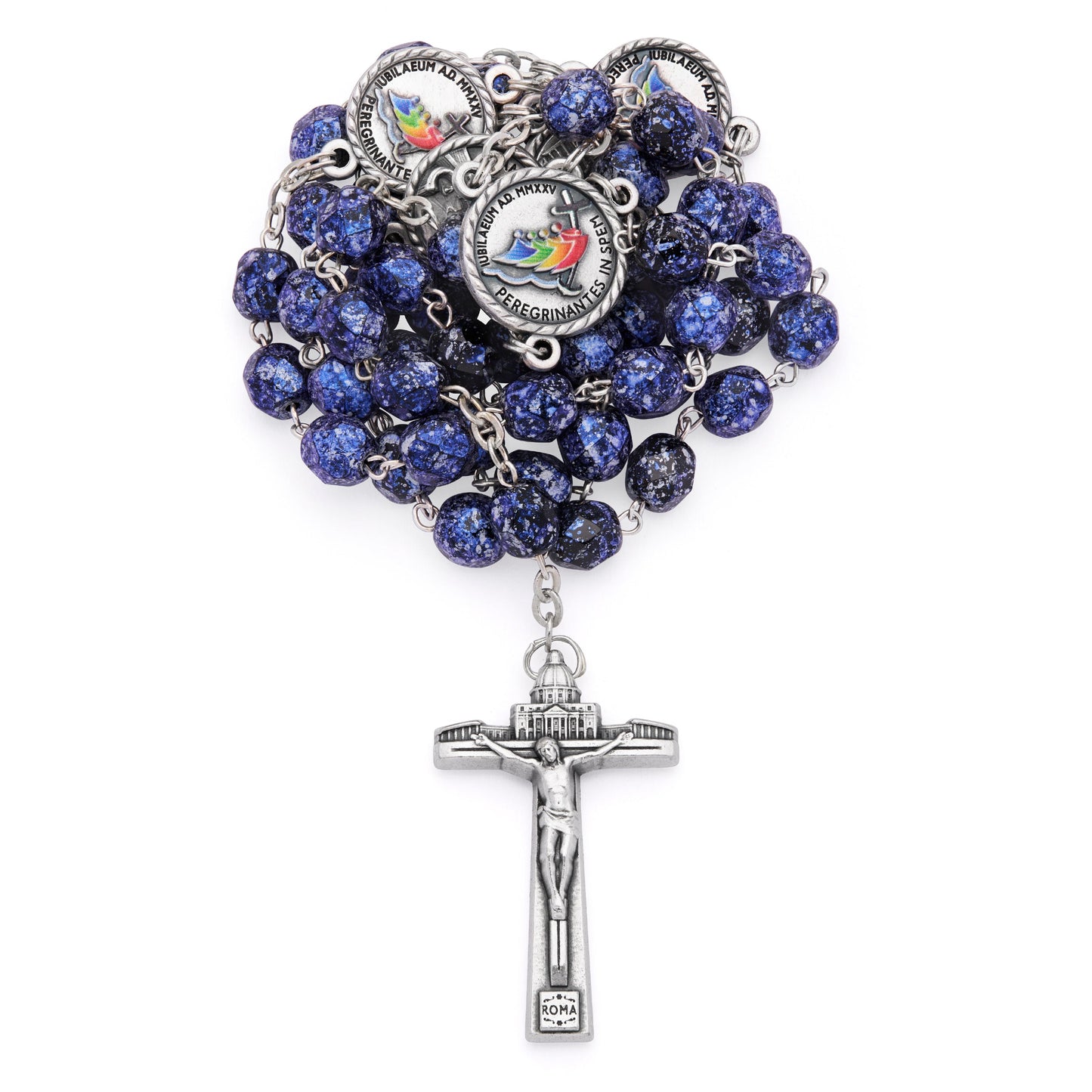 Mondo Cattolico Rosary 50 cm (19.69 in) / 70 cm (27.56 in) / 8 mm (0.31 in) Jubilee 2025 Rosary with Black Beads with Blue Speckles