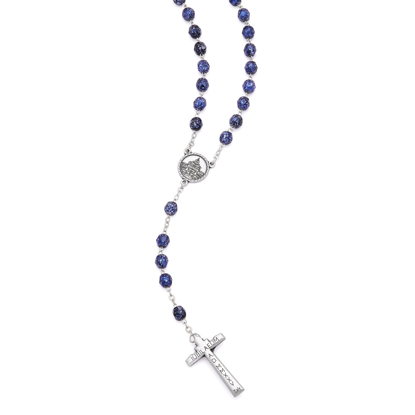 Mondo Cattolico Rosary 50 cm (19.69 in) / 70 cm (27.56 in) / 8 mm (0.31 in) Jubilee 2025 Rosary with Black Beads with Blue Speckles