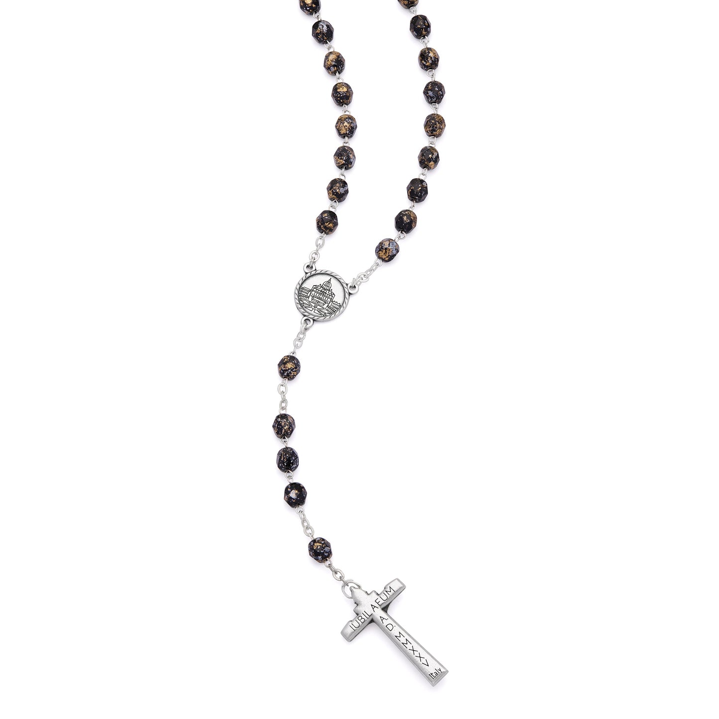 Mondo Cattolico Rosary 50 cm (19.69 in) / 70 cm (27.56 in) / 8 mm (0.31 in) Jubilee 2025 Rosary with Black Beads with Gold Speckles