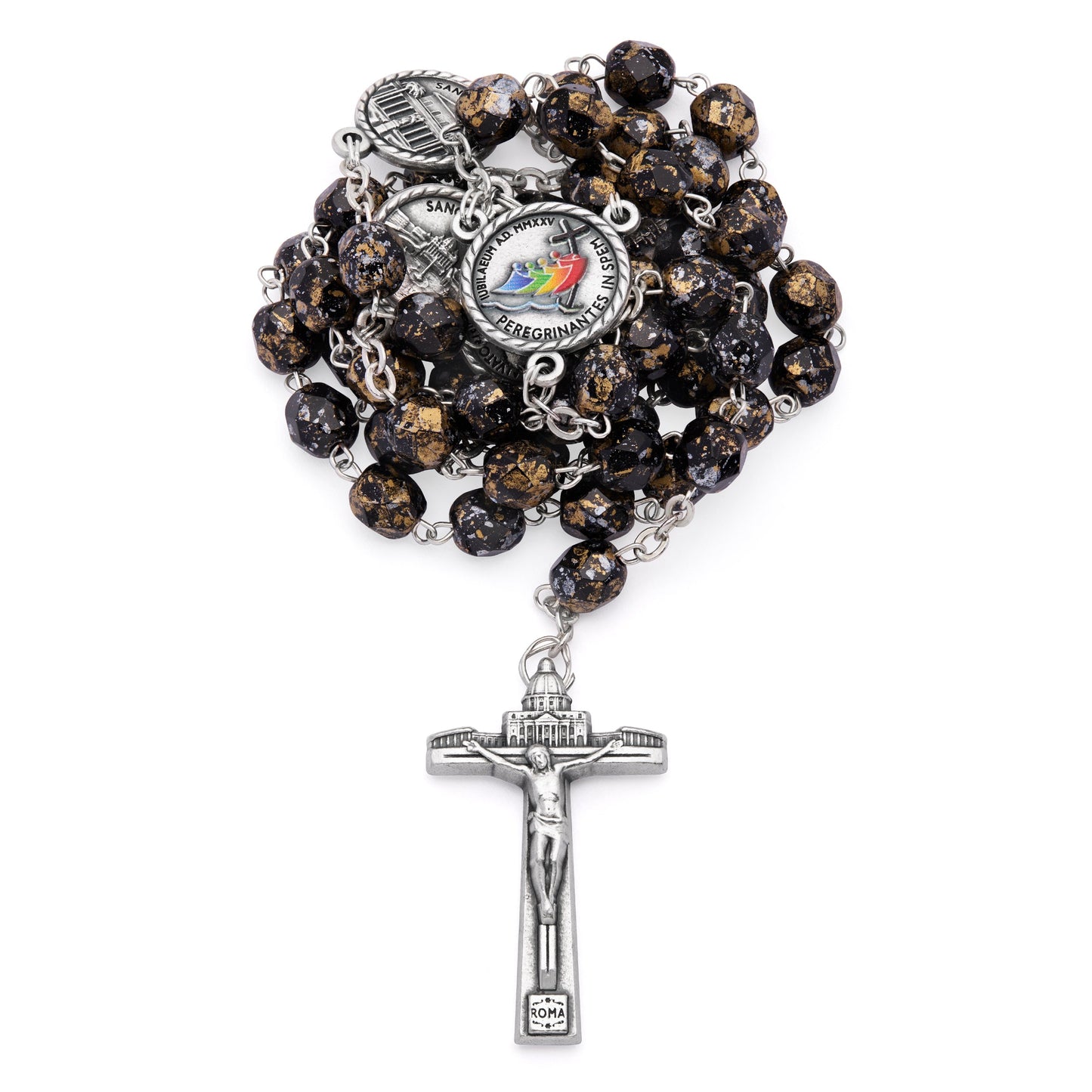 Mondo Cattolico Rosary 50 cm (19.69 in) / 70 cm (27.56 in) / 8 mm (0.31 in) Jubilee 2025 Rosary with Black Beads with Gold Speckles