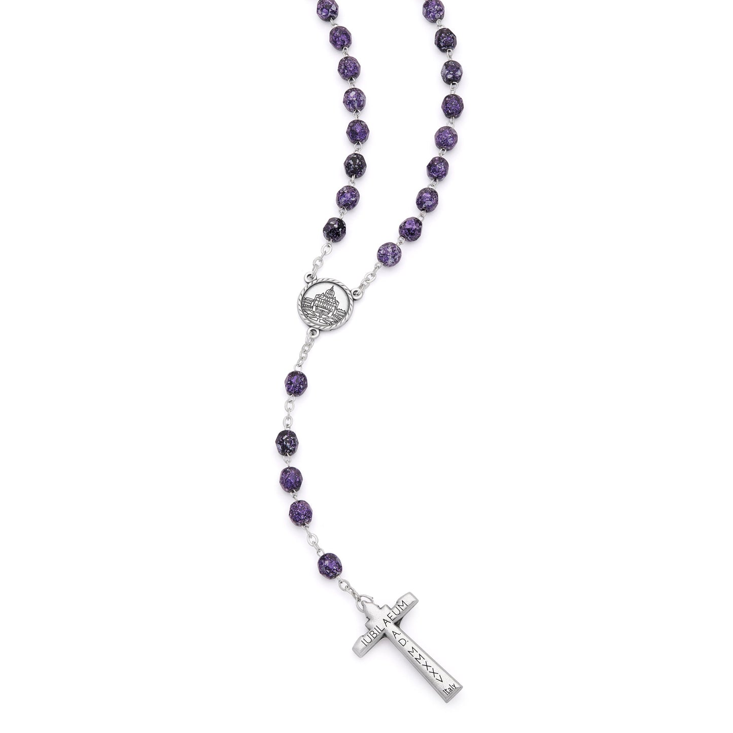 Mondo Cattolico Rosary 50 cm (19.69 in) / 70 cm (27.56 in) / 8 mm (0.31 in) Jubilee 2025 Rosary with Black Beads with Purple Speckles