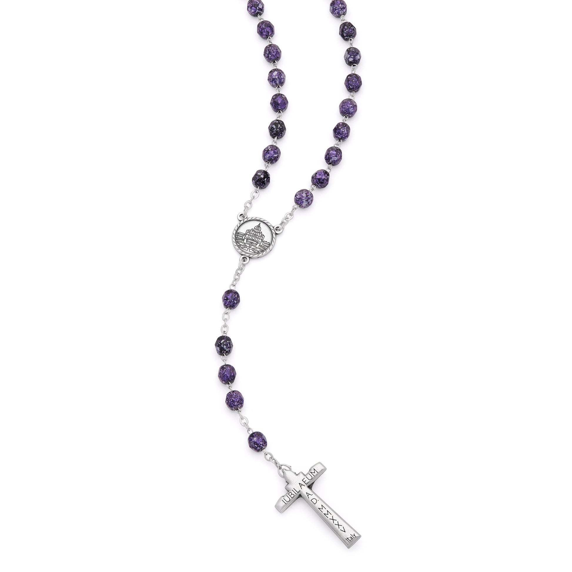 Mondo Cattolico Rosary 50 cm (19.69 in) / 70 cm (27.56 in) / 8 mm (0.31 in) Jubilee 2025 Rosary with Black Beads with Purple Speckles