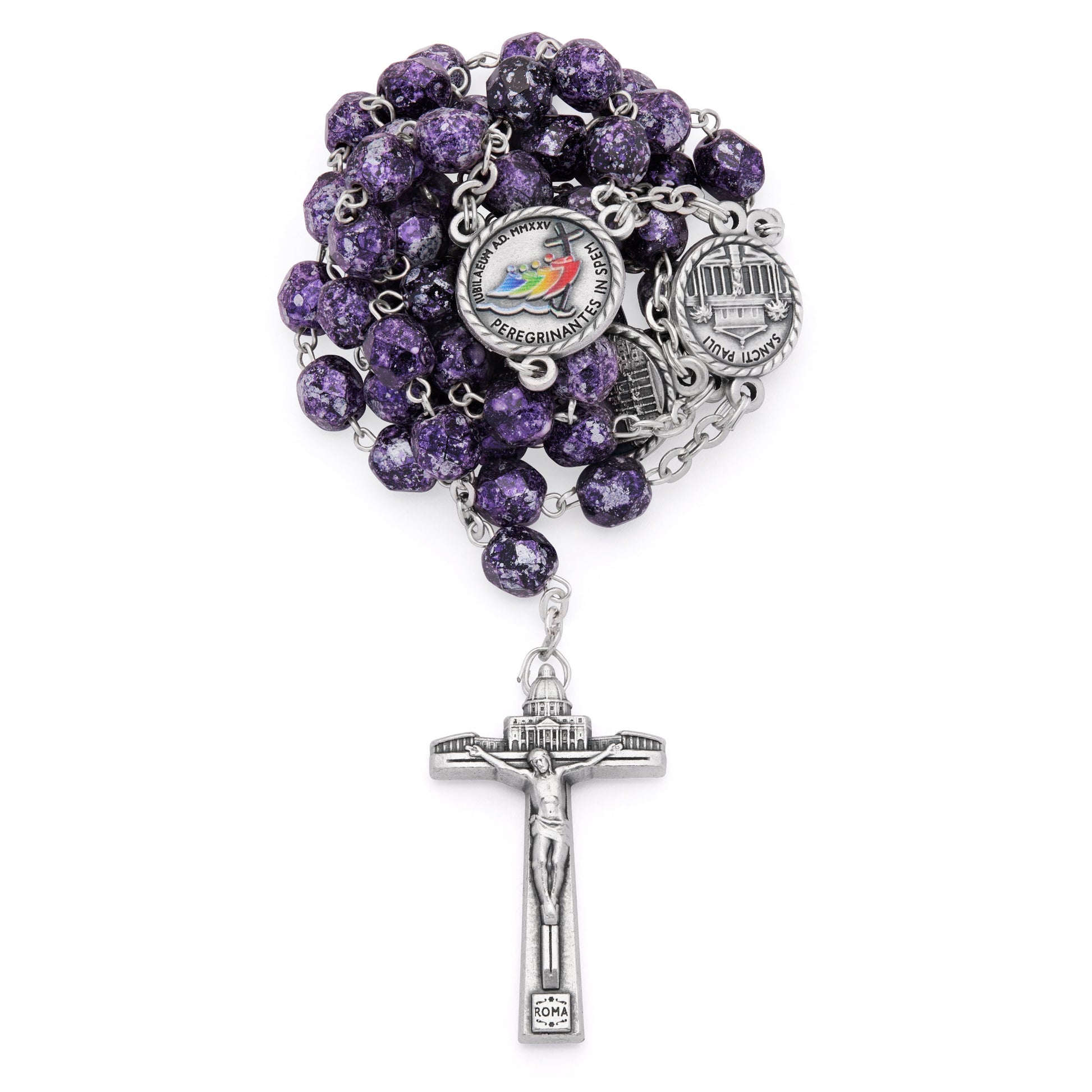 Mondo Cattolico Rosary 50 cm (19.69 in) / 70 cm (27.56 in) / 8 mm (0.31 in) Jubilee 2025 Rosary with Black Beads with Purple Speckles
