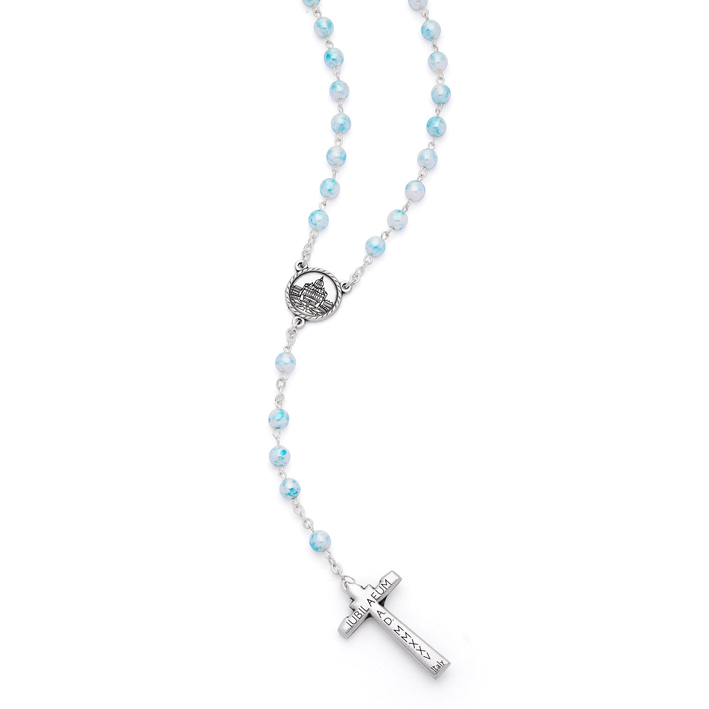 Mondo Cattolico Rosary 50 cm (19.69 in) / 70 cm (27.56 in) / 6 mm (0.24 in) Jubilee 2025 Rosary with Light Blue Pearlescent Beads