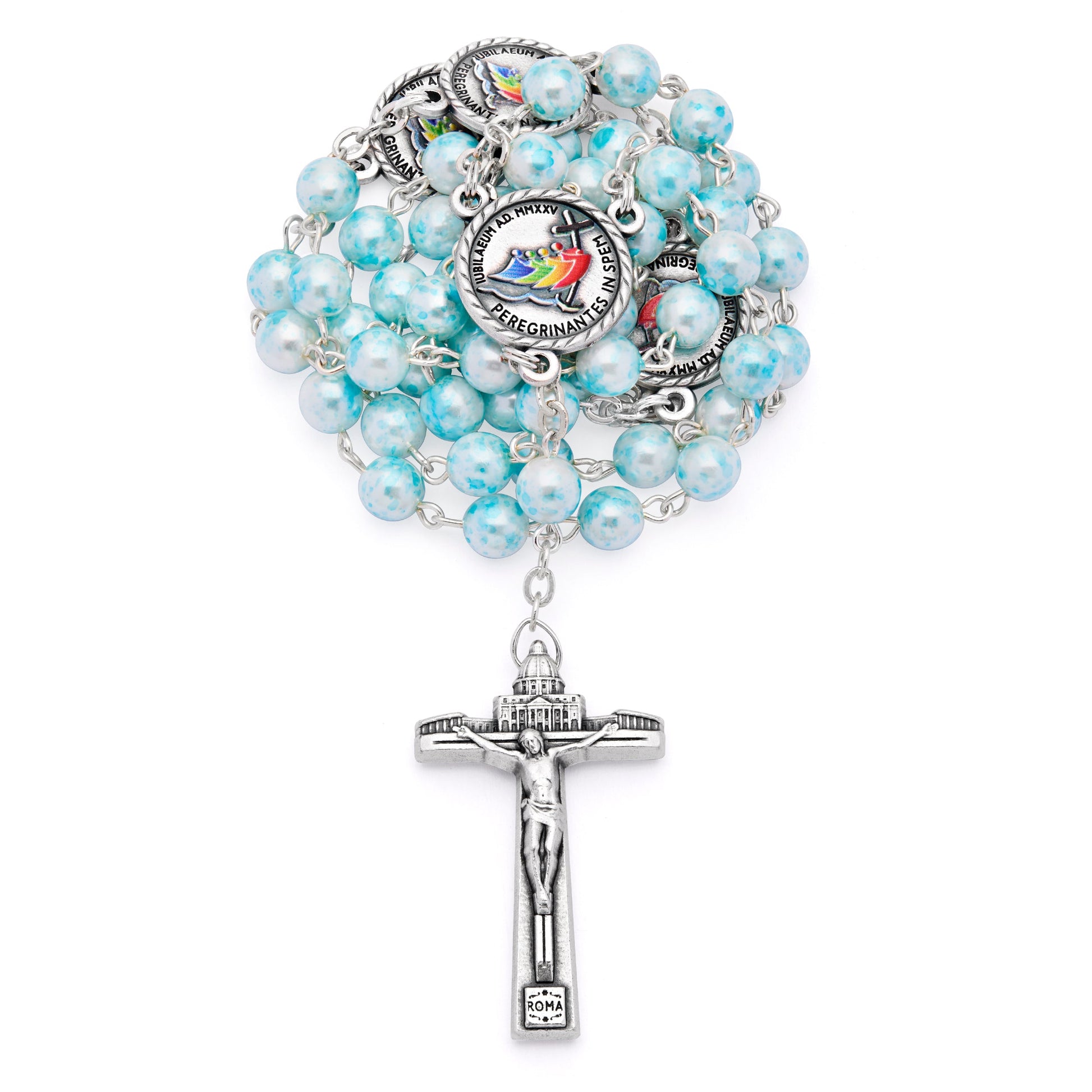 Mondo Cattolico Rosary 50 cm (19.69 in) / 70 cm (27.56 in) / 6 mm (0.24 in) Jubilee 2025 Rosary with Light Blue Pearlescent Beads