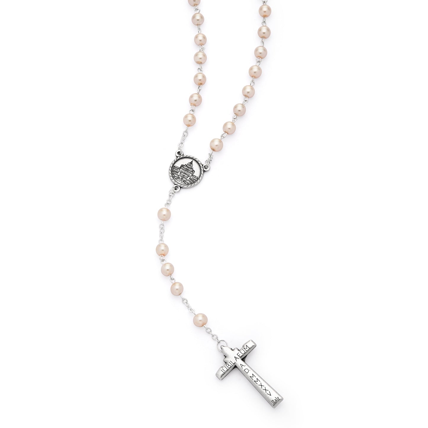MONDO CATTOLICO ROMA Rosary 48 cm (18.90 in) / 66 cm (25.98 in) / 6 mm (0.24 in) Jubilee 2025 Rosary with Light Pink Synthetic Pearl Beads