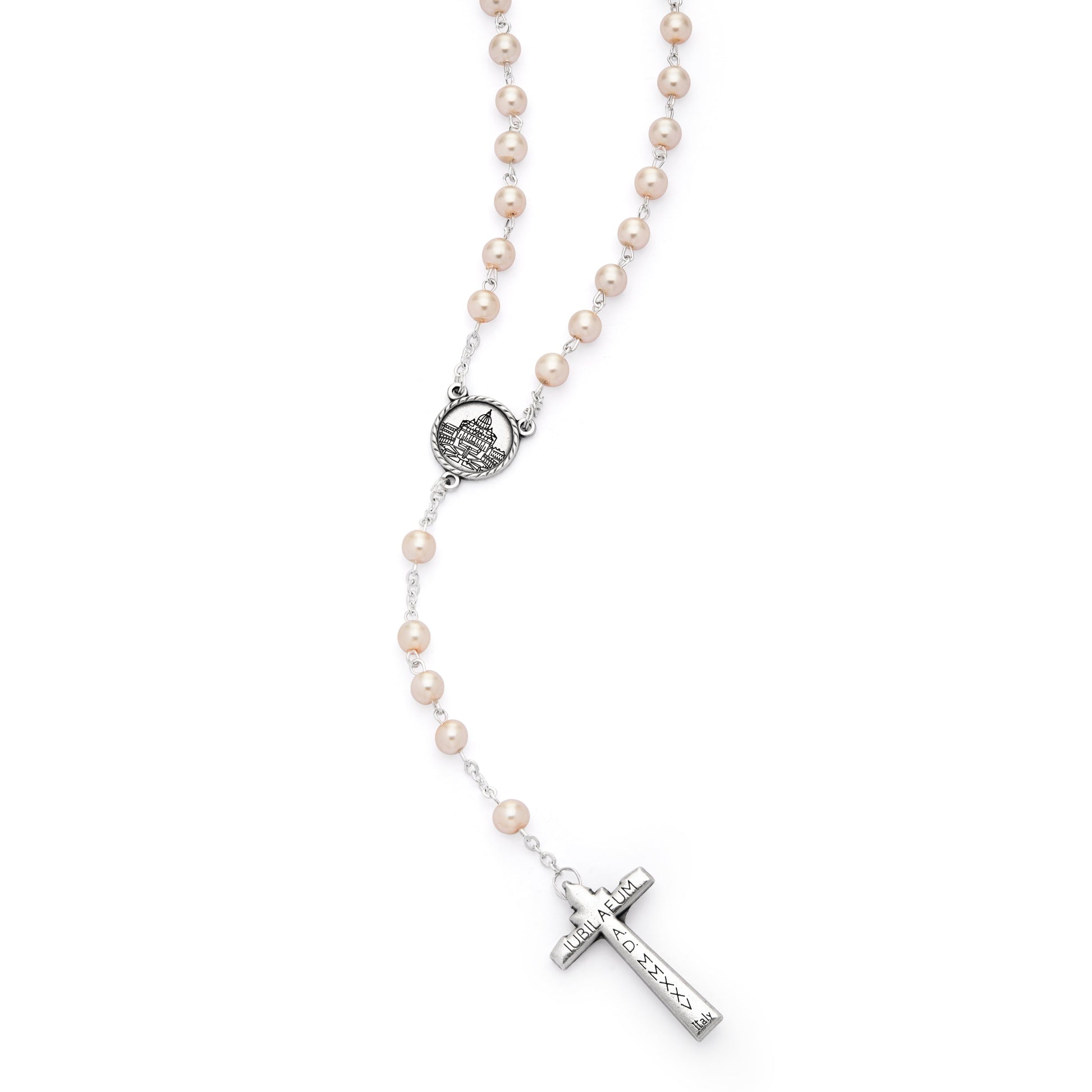 MONDO CATTOLICO ROMA Rosary 48 cm (18.90 in) / 66 cm (25.98 in) / 6 mm (0.24 in) Jubilee 2025 Rosary with Light Pink Synthetic Pearl Beads