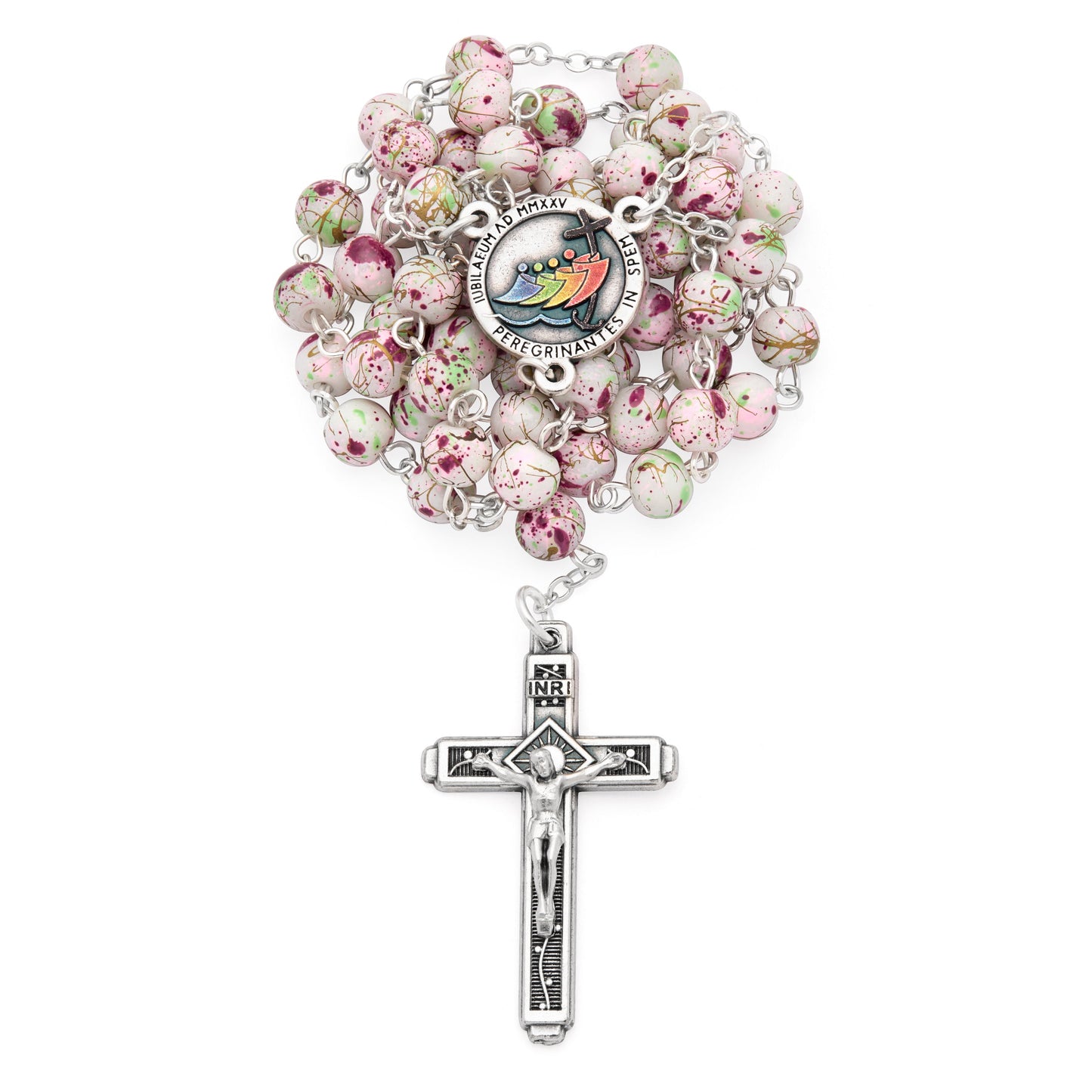 MONDO CATTOLICO ROMA Rosary 48 cm (18.90 in) / 66 cm (25.98 in) / 6 mm (0.24 in) Jubilee 2025 Rosary with Pink and Green Speckles
