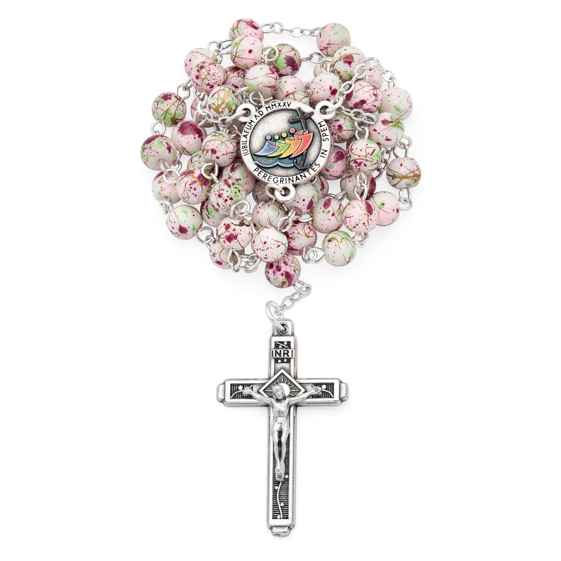 MONDO CATTOLICO ROMA Rosary 48 cm (18.90 in) / 66 cm (25.98 in) / 6 mm (0.24 in) Jubilee 2025 Rosary with Pink and Green Speckles