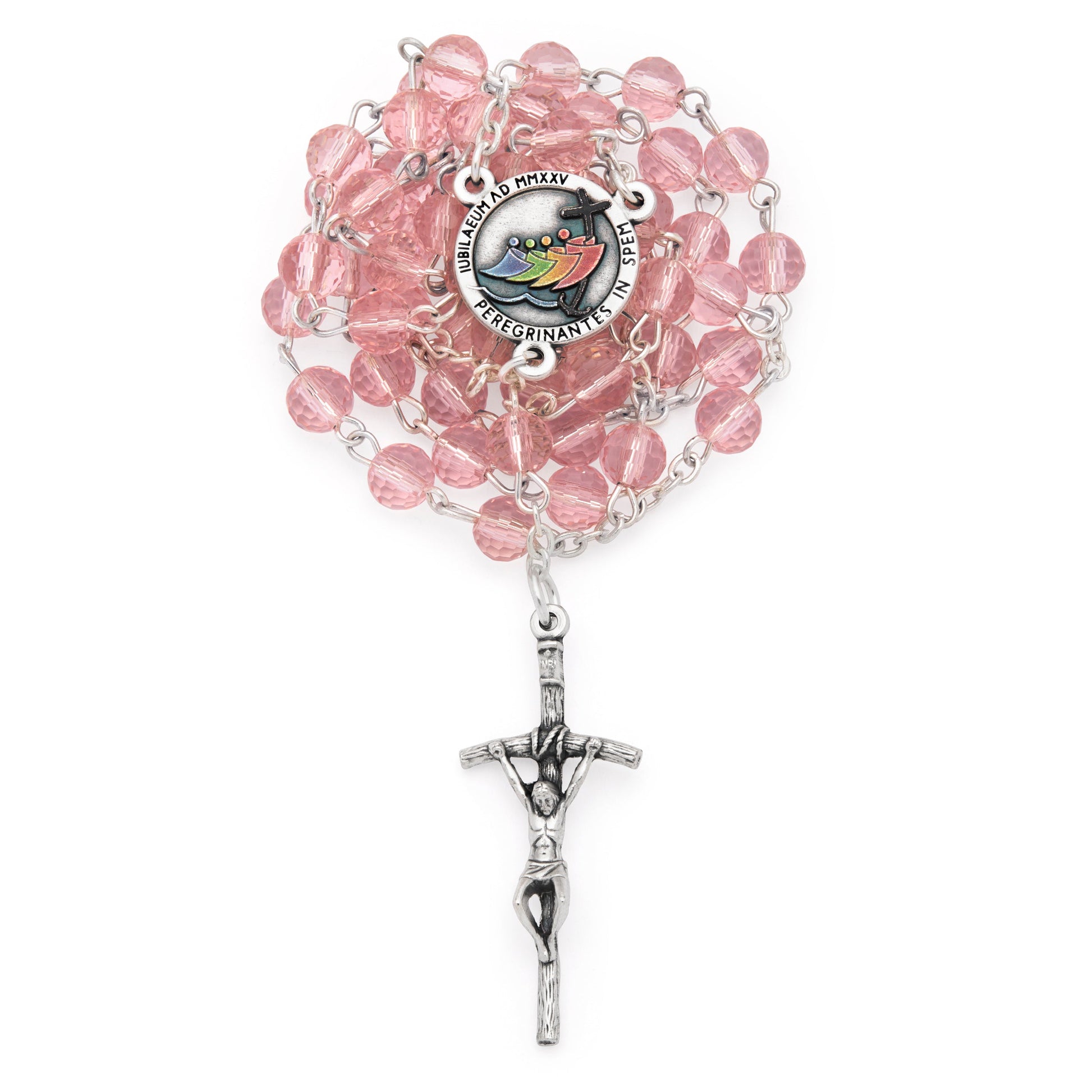 MONDO CATTOLICO ROMA Rosary 46 cm (18.11 in) / 64 cm (25.20 in) / 6 mm (0.24 in) Jubilee 2025 Rosary with Pink Crystal Beads