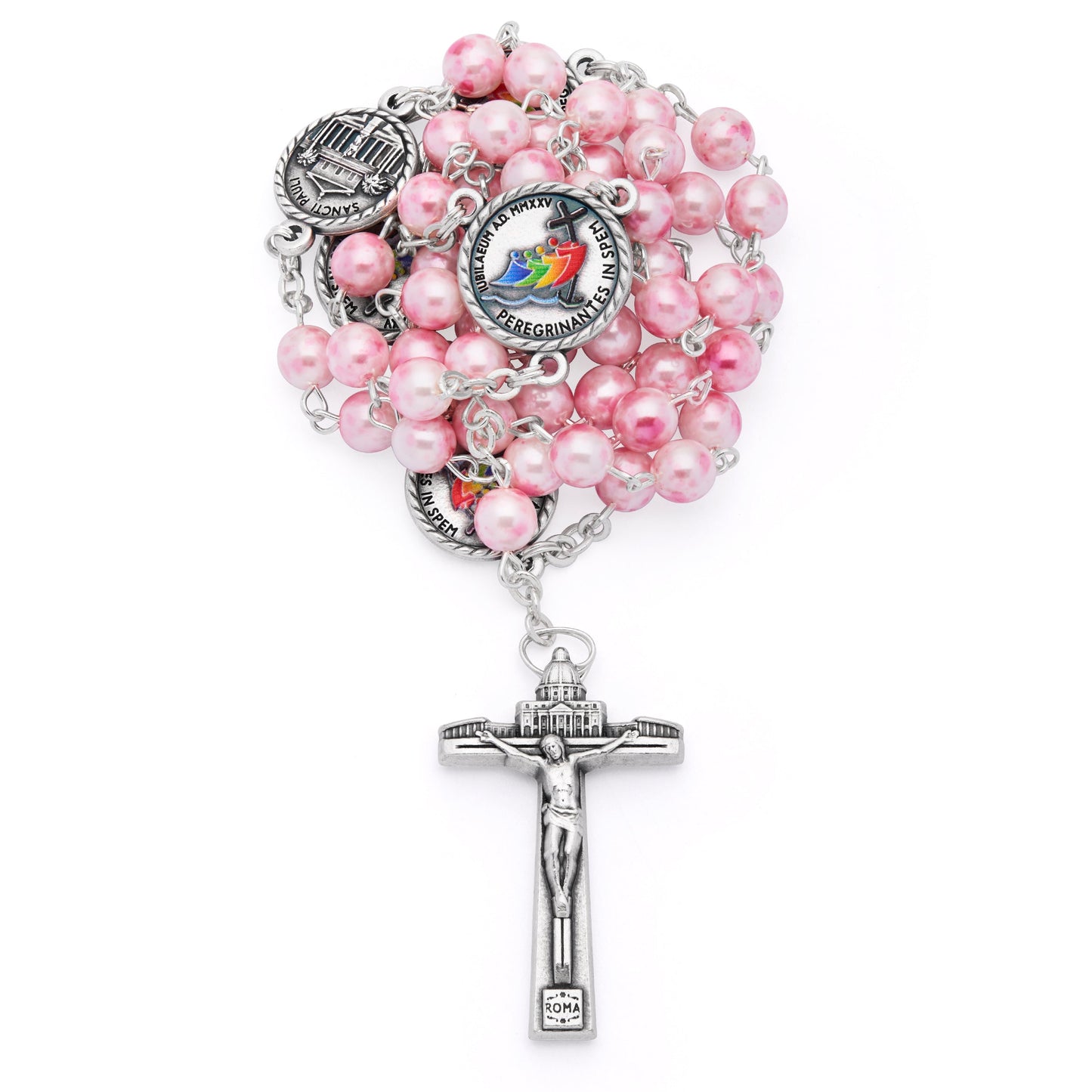 Mondo Cattolico Rosary 50 cm (19.69 in) / 70 cm (27.56 in) / 6 mm (0.24 in) Jubilee 2025 Rosary with Pink Pearlescent Beads