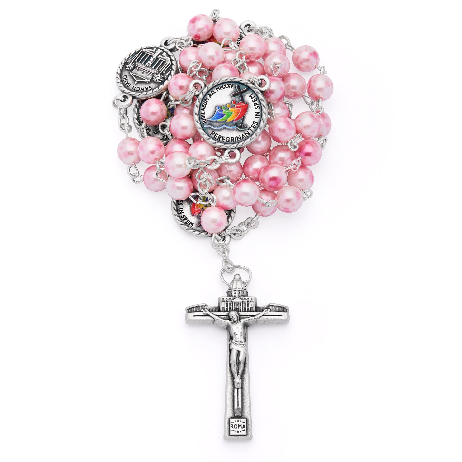 Mondo Cattolico Rosary 50 cm (19.69 in) / 70 cm (27.56 in) / 6 mm (0.24 in) Jubilee 2025 Rosary with Pink Pearlescent Beads