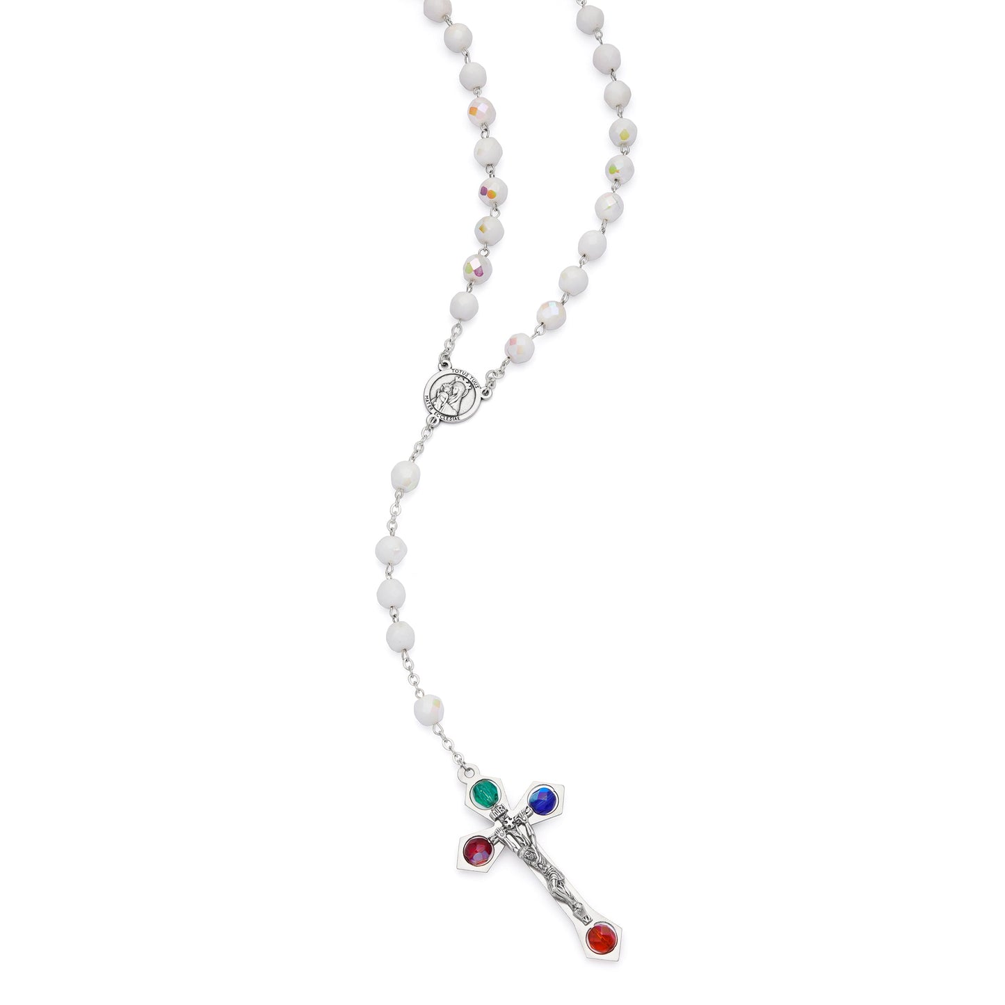 MONDO CATTOLICO ROMA Rosary 58 cm (22.83 in) / 76 cm (29.92 in) / 8 mm (0.31 in) Jubilee 2025 Rosary with White Crystal Beads and Colorful Details