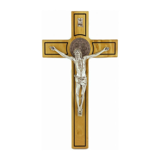 MONDO CATTOLICO 33 cm (12.99 in) Light Olive Wood St. Benedict Crucifix With Outlines