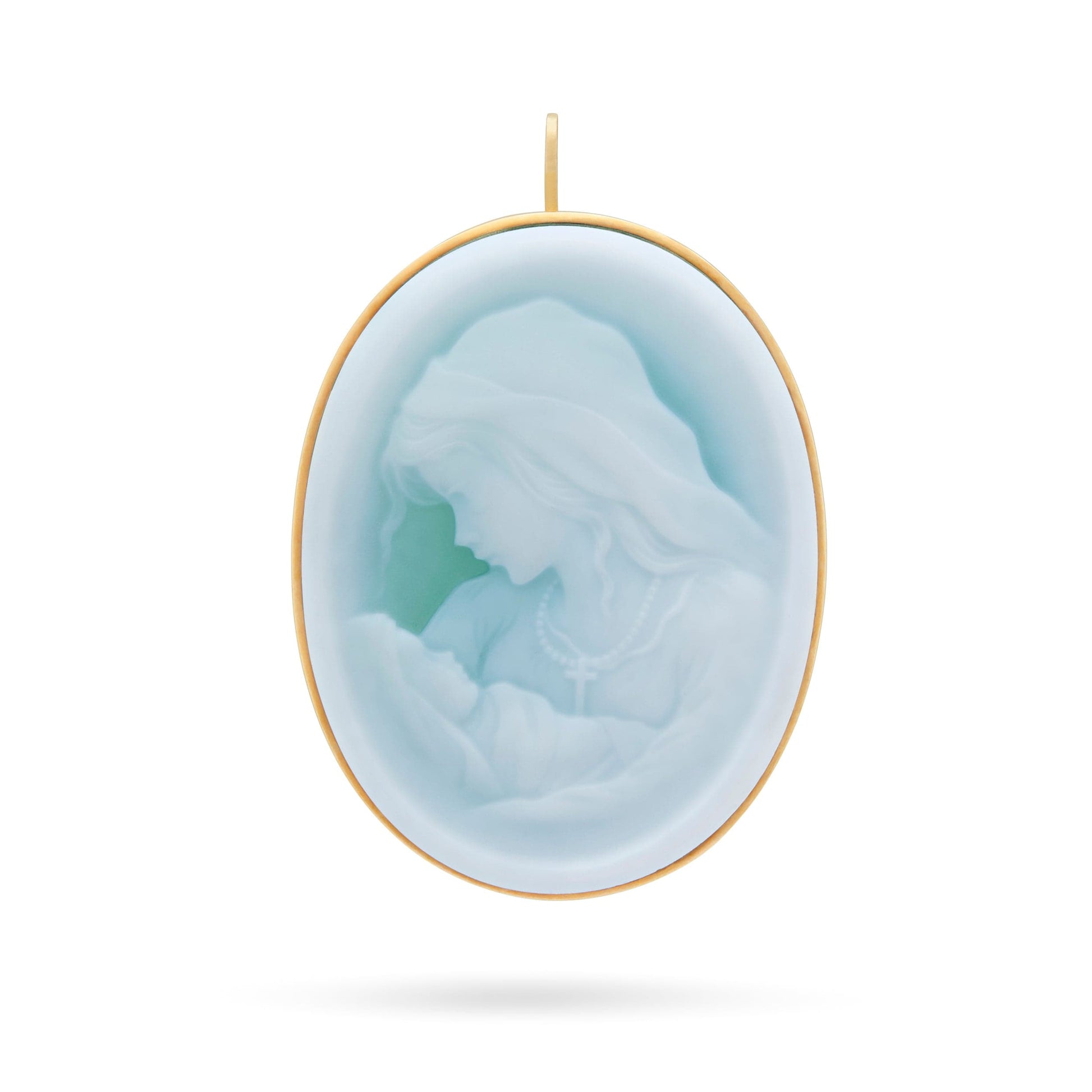 MONDO CATTOLICO 3.5 cm x 2.7 cm (1.38 in x 1.06 in) Mary and Child Cameo in Yellow Gold and Blue Agate
