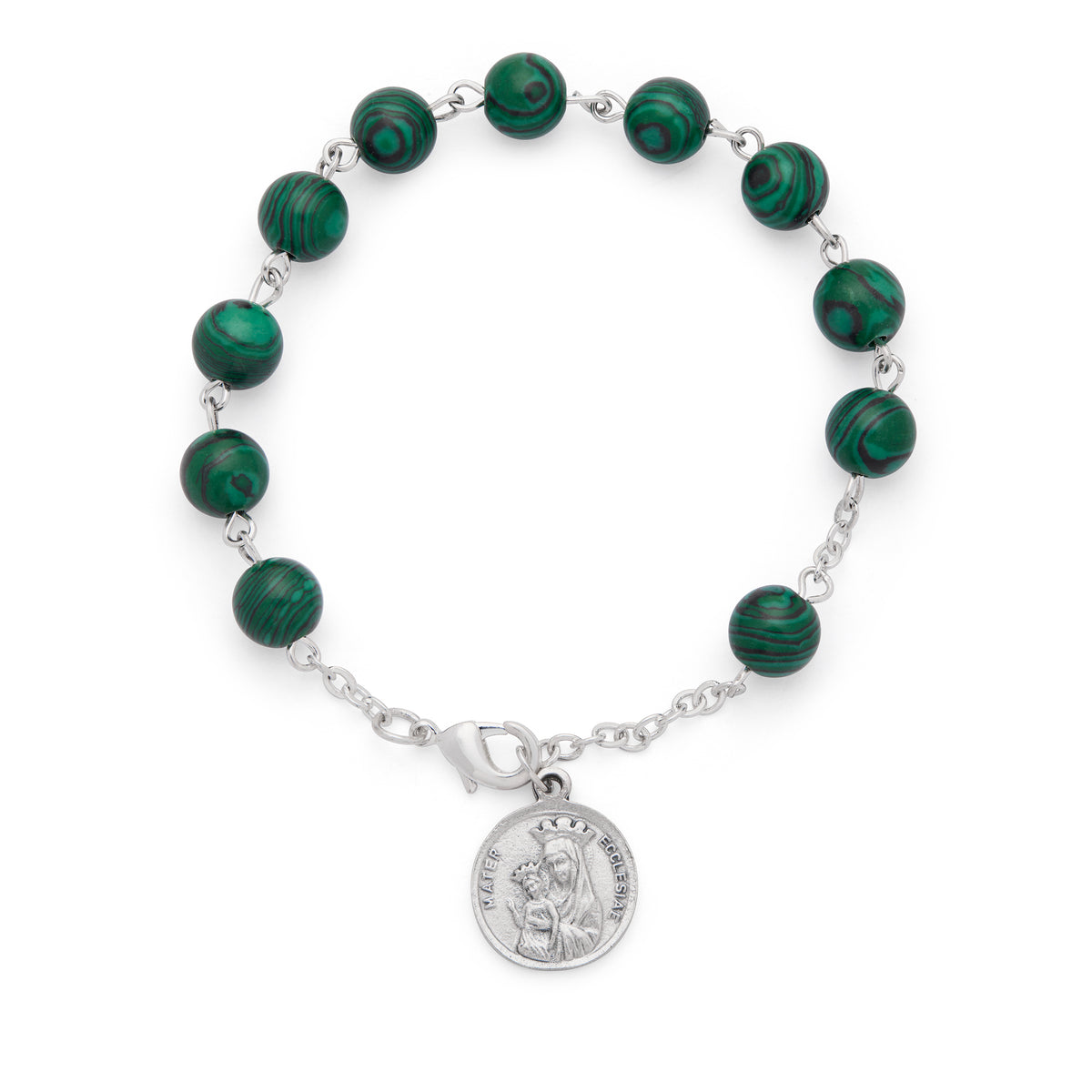 MONDO CATTOLICO ROMA Prayer Beads 20 cm (7.87 in) / 8 mm (0.31 in) Mater Ecclesiae Rosary Bracelet with Malachite Beads