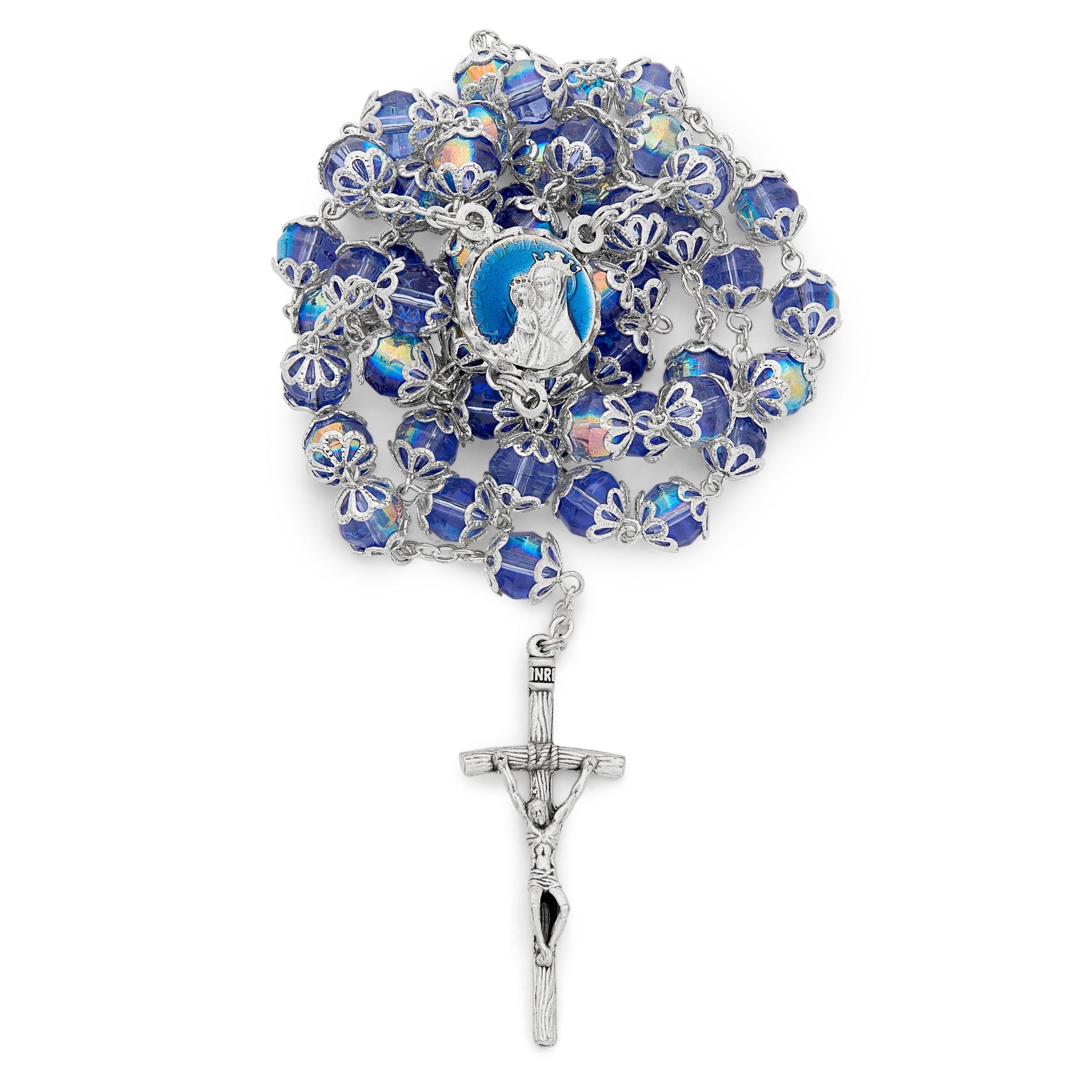 MONDO CATTOLICO Prayer Beads Mater Ecclesiae Rosary in Decorated Caps Blue Beads