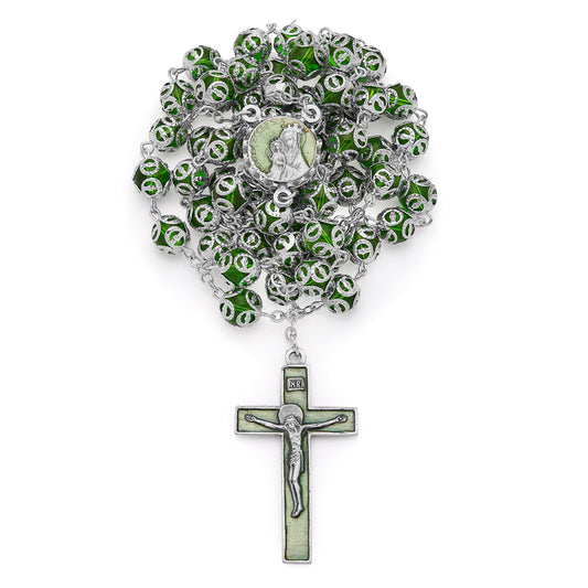 MONDO CATTOLICO ROMA Prayer Beads 62 cm (24.41 in) / 84 cm (33.07 in) / 8 mm (0.31 in) Mater Ecclesiae Rosary with Green Capped Glass Beads
