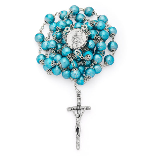 MONDO CATTOLICO ROMA Prayer Beads 58 cm (22.83 in) / 80 cm (31.50 in) / 8 mm (0.31 in) Mater Ecclesiae Rosary with Turquoise Glass Beads