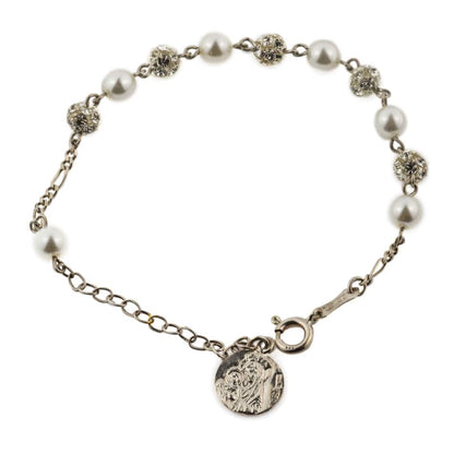 MONDO CATTOLICO Prayer Beads Adjustable Mater Ecclesiae Sterling Silver Rosary Bracelet in Pearls and Crystal Disco Ball Beads