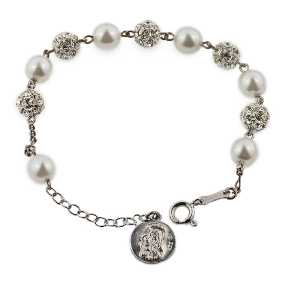 MONDO CATTOLICO Prayer Beads Adjustable Mater Ecclesiae Sterling Silver Rosary Bracelet in Pearls and Crystal Disco Ball Beads