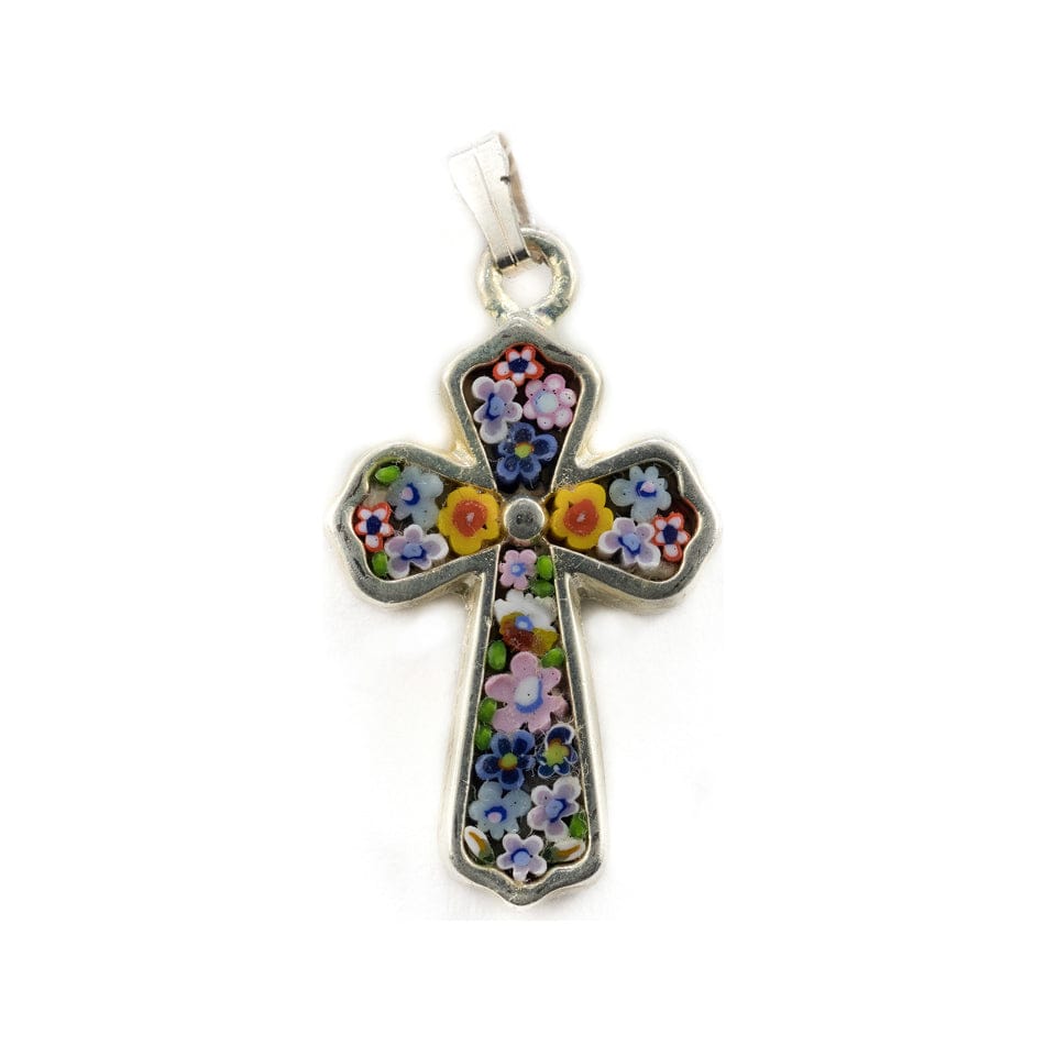 MONDO CATTOLICO Metal Micromosaic Budded Cross with Little Flowers
