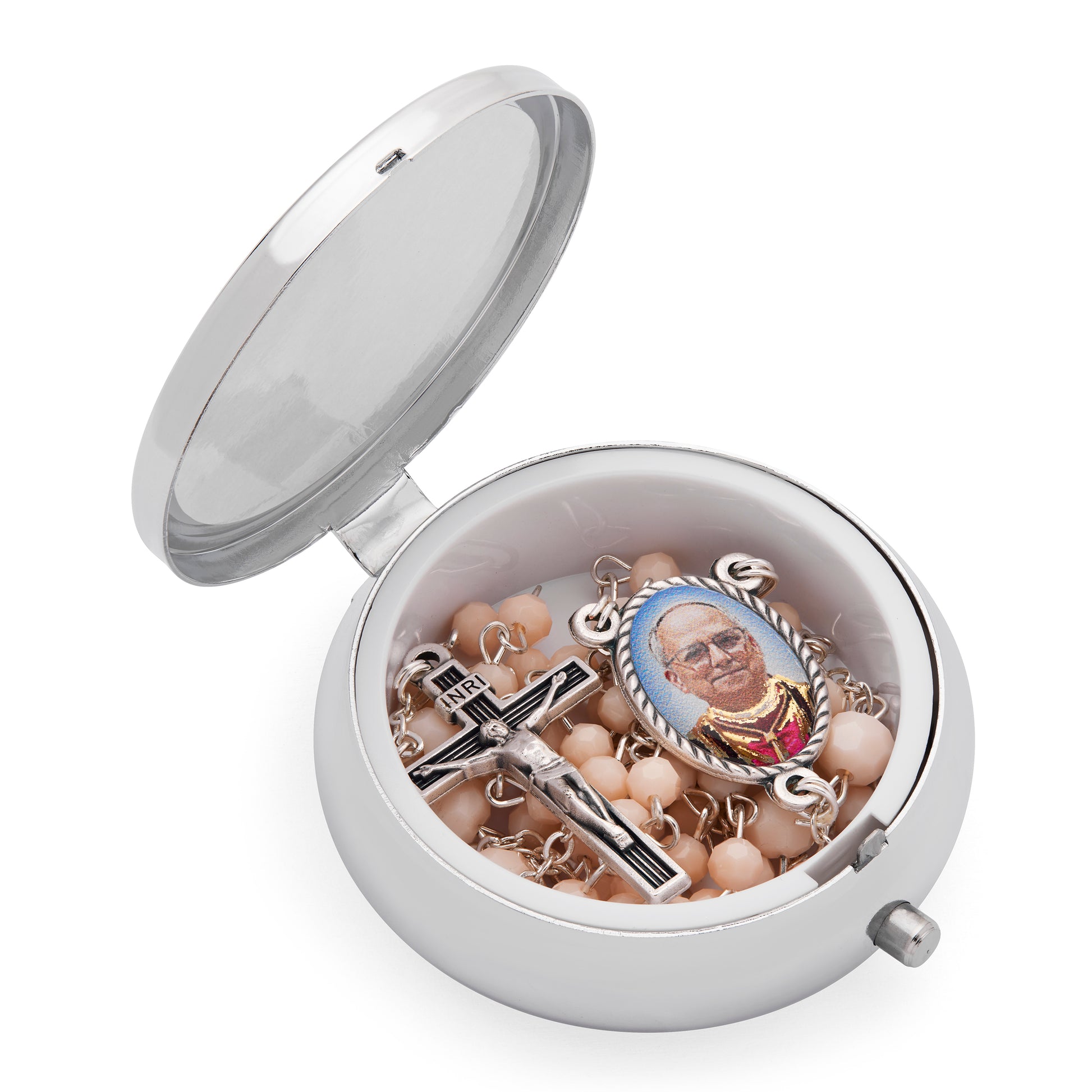 MONDO CATTOLICO ROMA Rosary Box 5 cm (1.97 in) / 42 cm (16.54 in) / 3 mm (0.12 in) Metal Pope Leo XIV Rosary Case with Light Pink Rosary