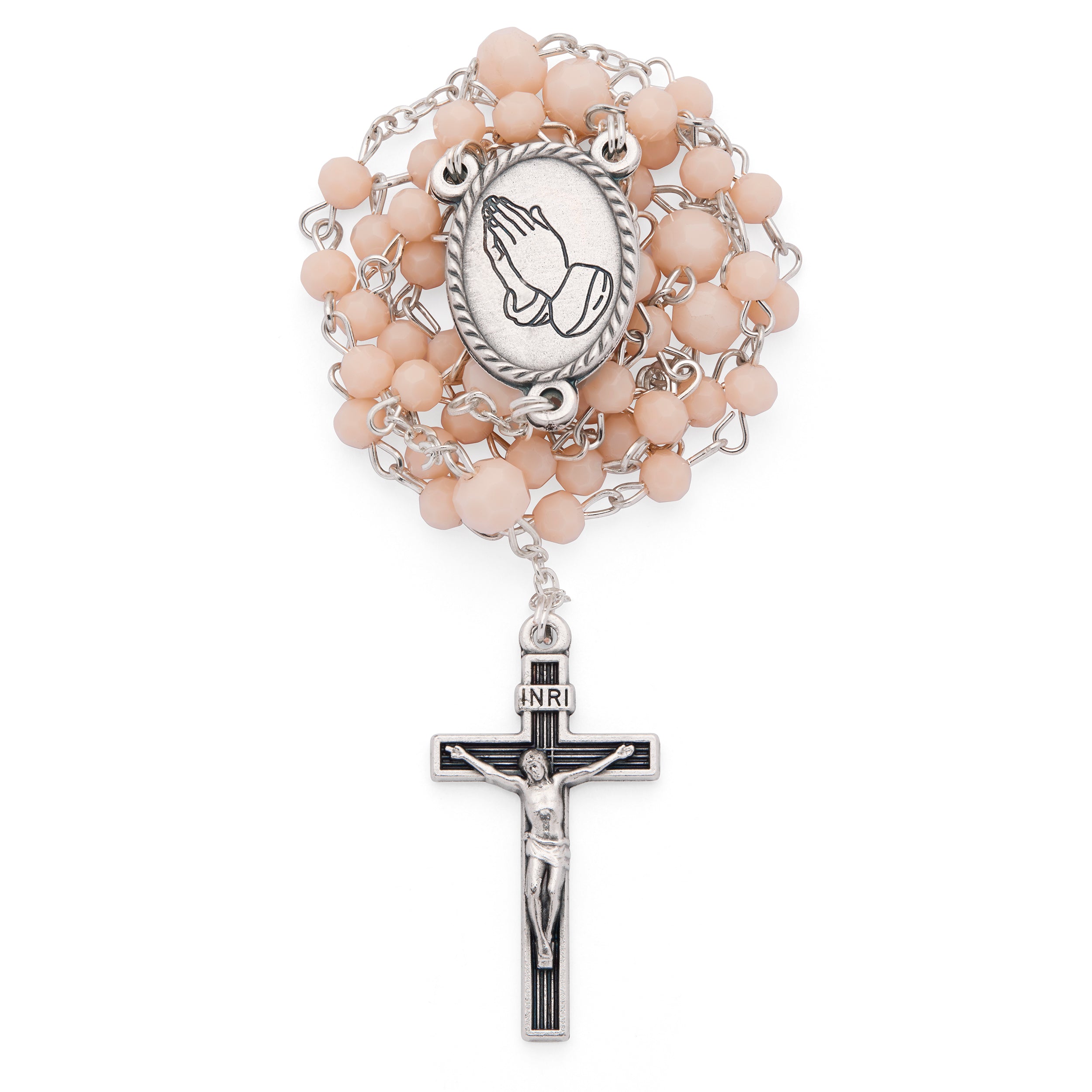 Metal Pope Leo XIV Rosary Case with Light Pink Rosary | MONDO