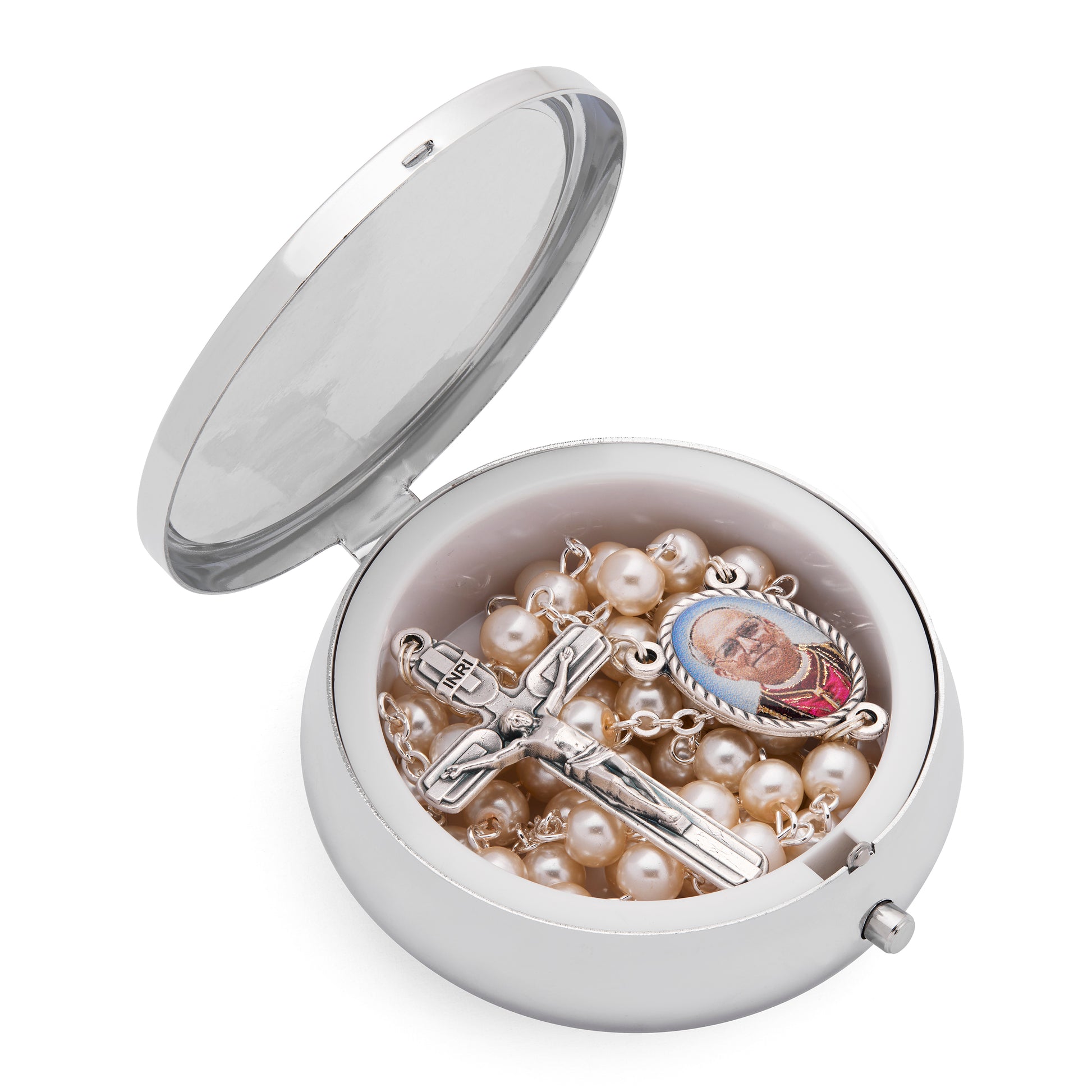 MONDO CATTOLICO ROMA Rosary Box 6 cm (2.36 in) / 48 cm (18.90 in) / 6 mm (0.24 in) Metal Pope Leo XIV Rosary Case with Synthetic Pearl Rosary