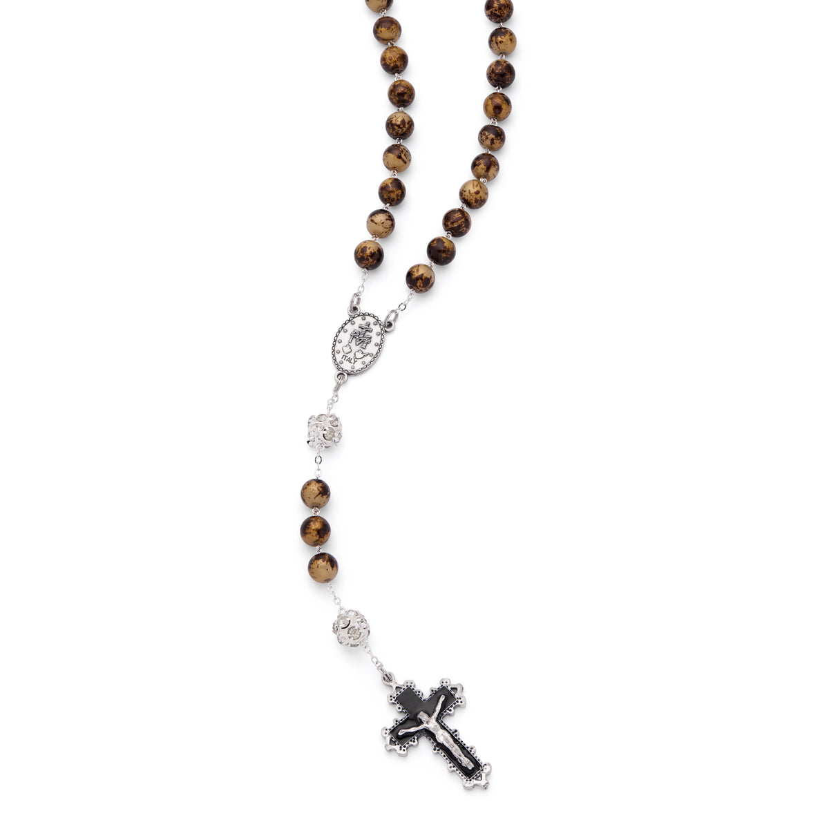 MONDO CATTOLICO ROMA Rosary 56 cm (22.05 in) / 74 cm (29.13 in) / 10 mm (0.39 in) Metal Rosary with Brown and Gold-Tone Marble Effect Beads and Rhinestones Beads