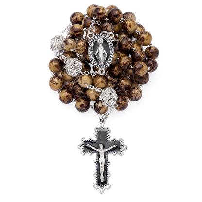 MONDO CATTOLICO ROMA Rosary 56 cm (22.05 in) / 74 cm (29.13 in) / 10 mm (0.39 in) Metal Rosary with Brown and Gold-Tone Marble Effect Beads and Rhinestones Beads