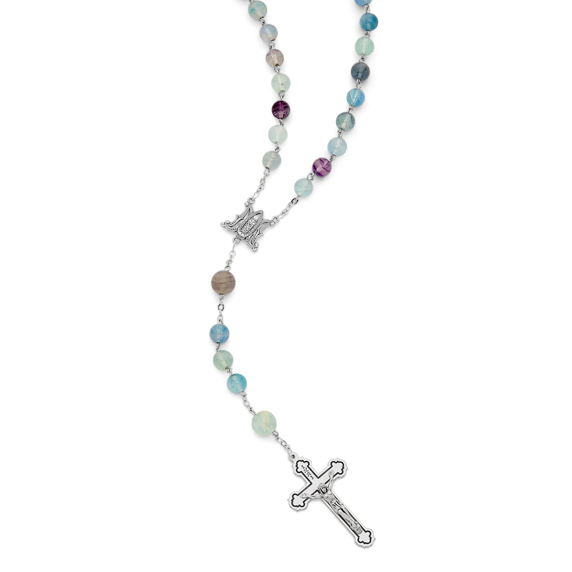MONDO CATTOLICO ROMA Rosary 56 cm (22.05 in) / 78 cm (30.71 in) / 8 mm (0.31 in) Metal Rosary with Fluorite Beads