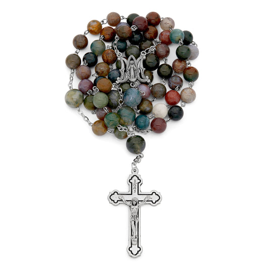 MONDO CATTOLICO ROMA Rosary 56 cm (22.05 in) / 78 cm (30.71 in) / 8 mm (0.31 in) Metal Rosary with Indian Agate Beads