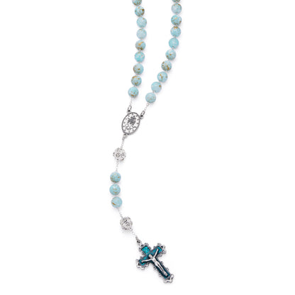MONDO CATTOLICO ROMA Rosary 56 cm (22.05 in) / 74 cm (29.13 in) / 10 mm (0.39 in) Metal Rosary with Light Blue Marble Effect Beads and Rhinestone Beads