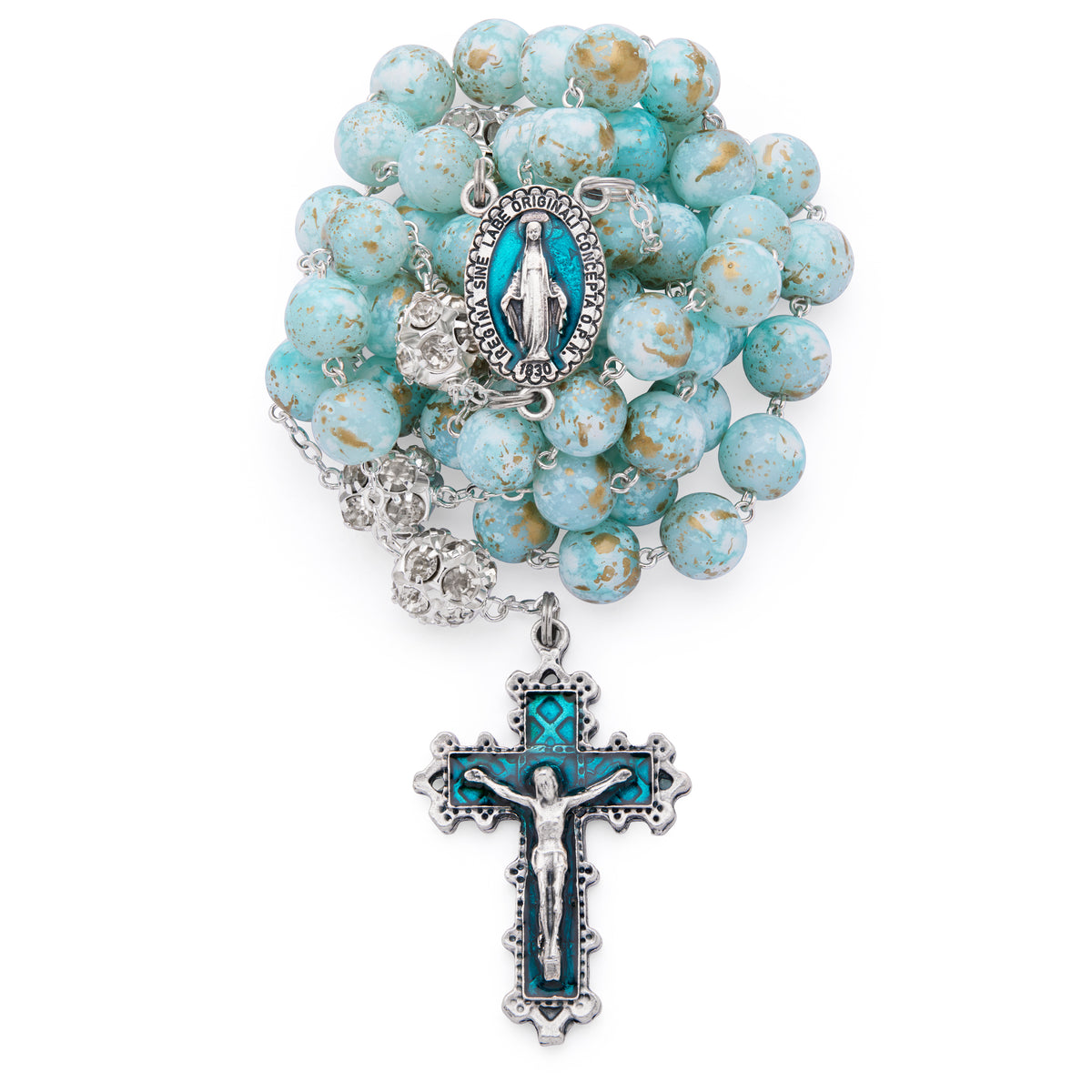 MONDO CATTOLICO ROMA Rosary 56 cm (22.05 in) / 74 cm (29.13 in) / 10 mm (0.39 in) Metal Rosary with Light Blue Marble Effect Beads and Rhinestone Beads