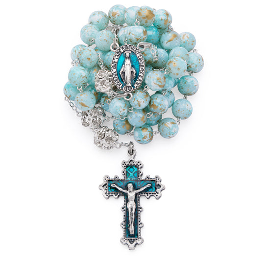 MONDO CATTOLICO ROMA Rosary 56 cm (22.05 in) / 74 cm (29.13 in) / 10 mm (0.39 in) Metal Rosary with Light Blue Marble Effect Beads and Rhinestone Beads